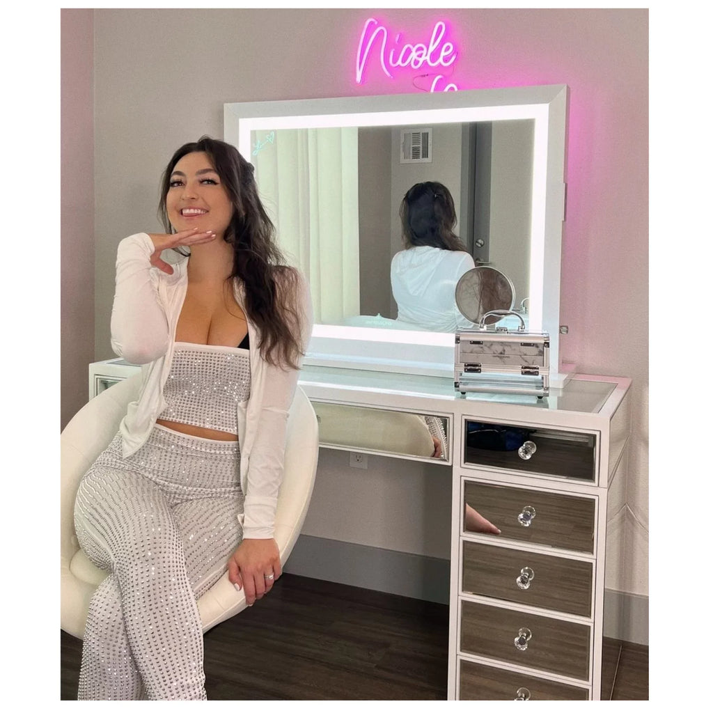 Impressions Vanity Makeup Mirror Liane V. Pro with Speakers and Dimmer Switch, Lighted Desk Mirror with Outer Metal Frame and 3X Magnified Mirror for Tabletop or Wall Mount (White)