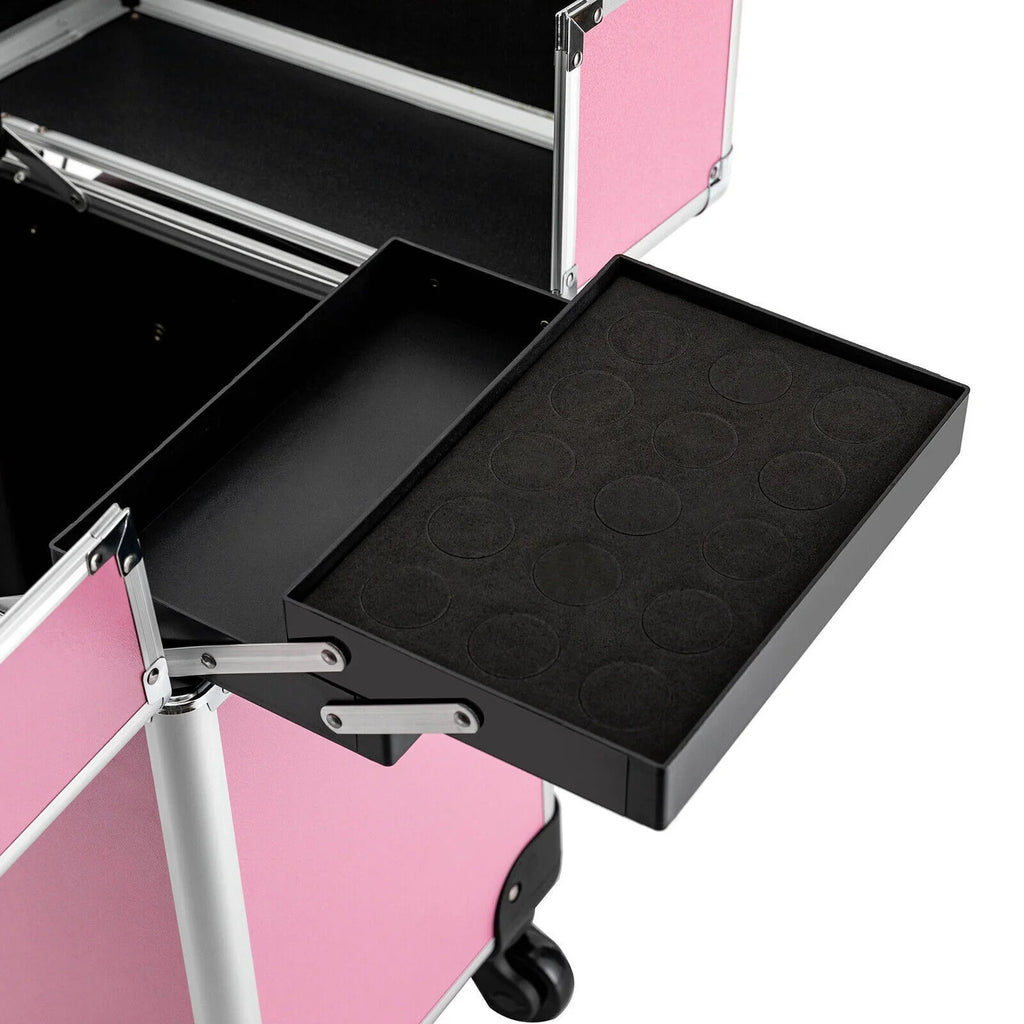 Miumaeov Rolling Makeup Train Case Cosmetic Trolley Cosmetic Case Professional Large Storage Organizer Salon Barber Case Travel Adjustable Dividers for Beauty Personal Care