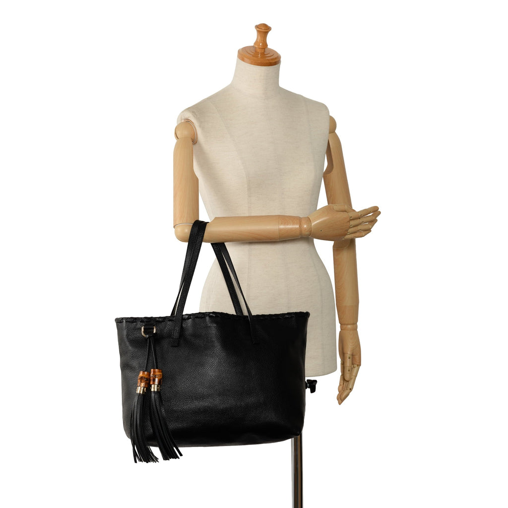 Pre-Owned Authenticated Gucci Bamboo Tassel Tote Calf Leather Jet Tote Bag Unisex (Good)