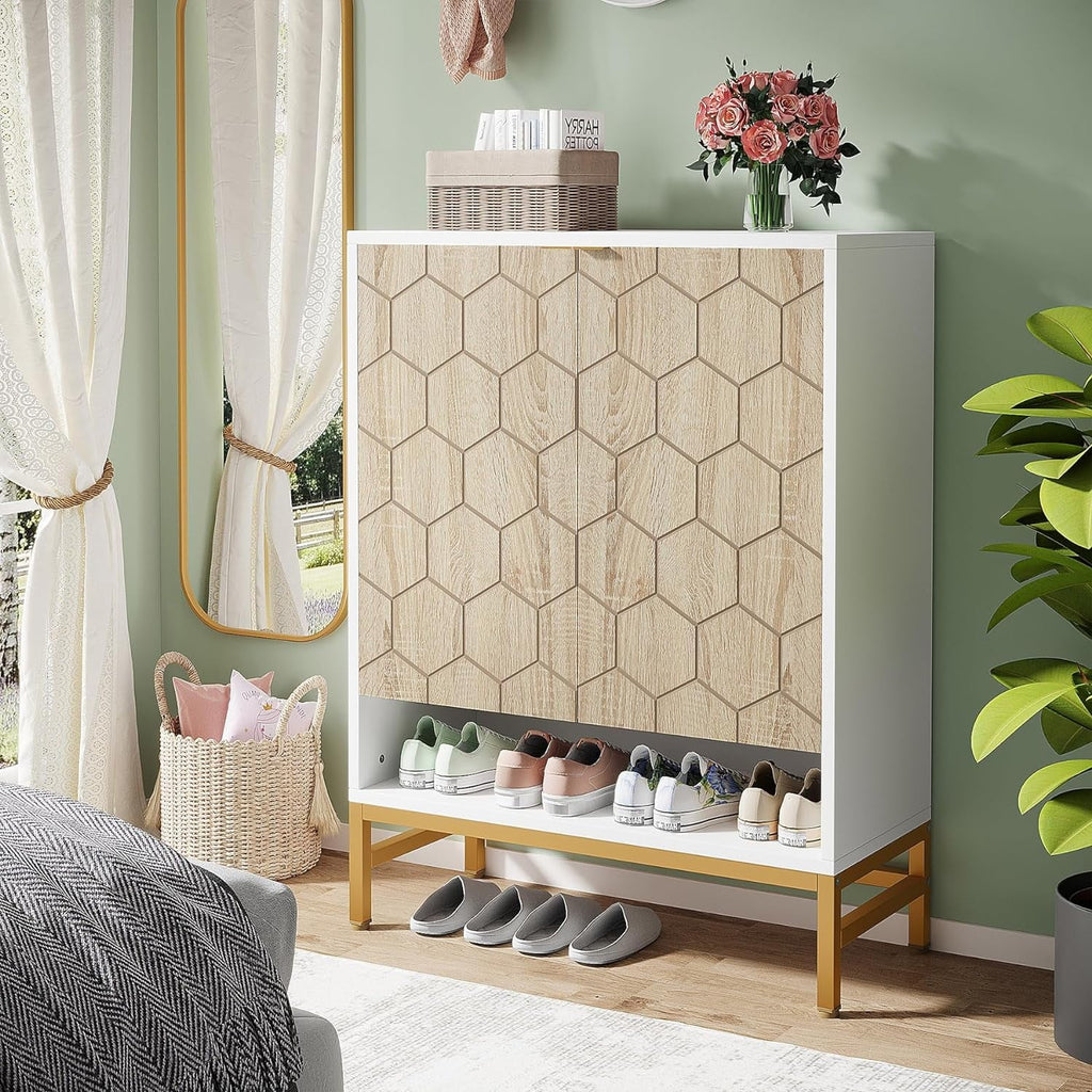Tribesigns Shoe Cabinet with Doors, Entryway 5 Tier Shoe Storage Cabinet with Adjustable Shelves, Wood Grain & White & Gold