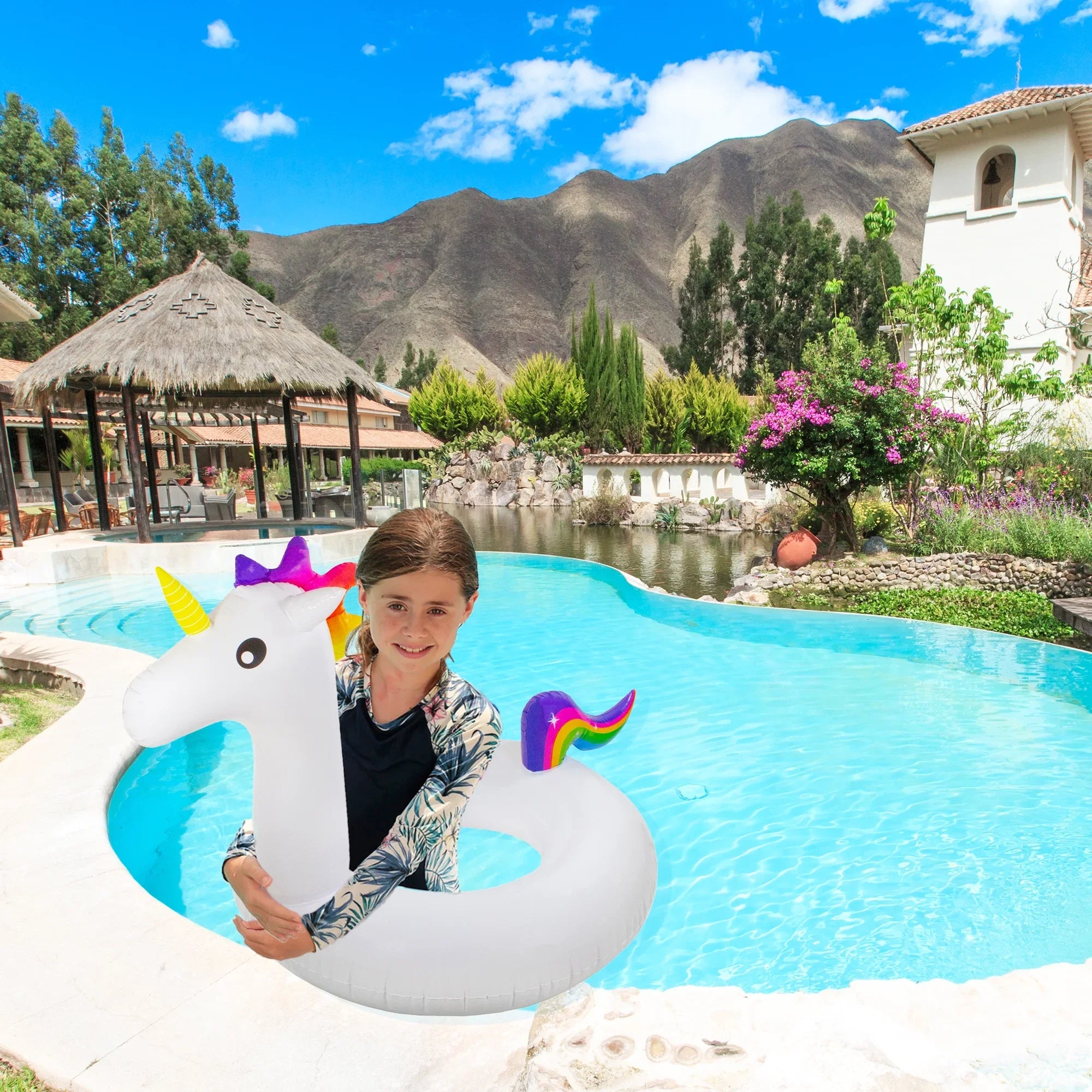 Pool Central 58" Giant Inflatable 1-Person Rainbow Unicorn Pool Ring Float - White/Blue