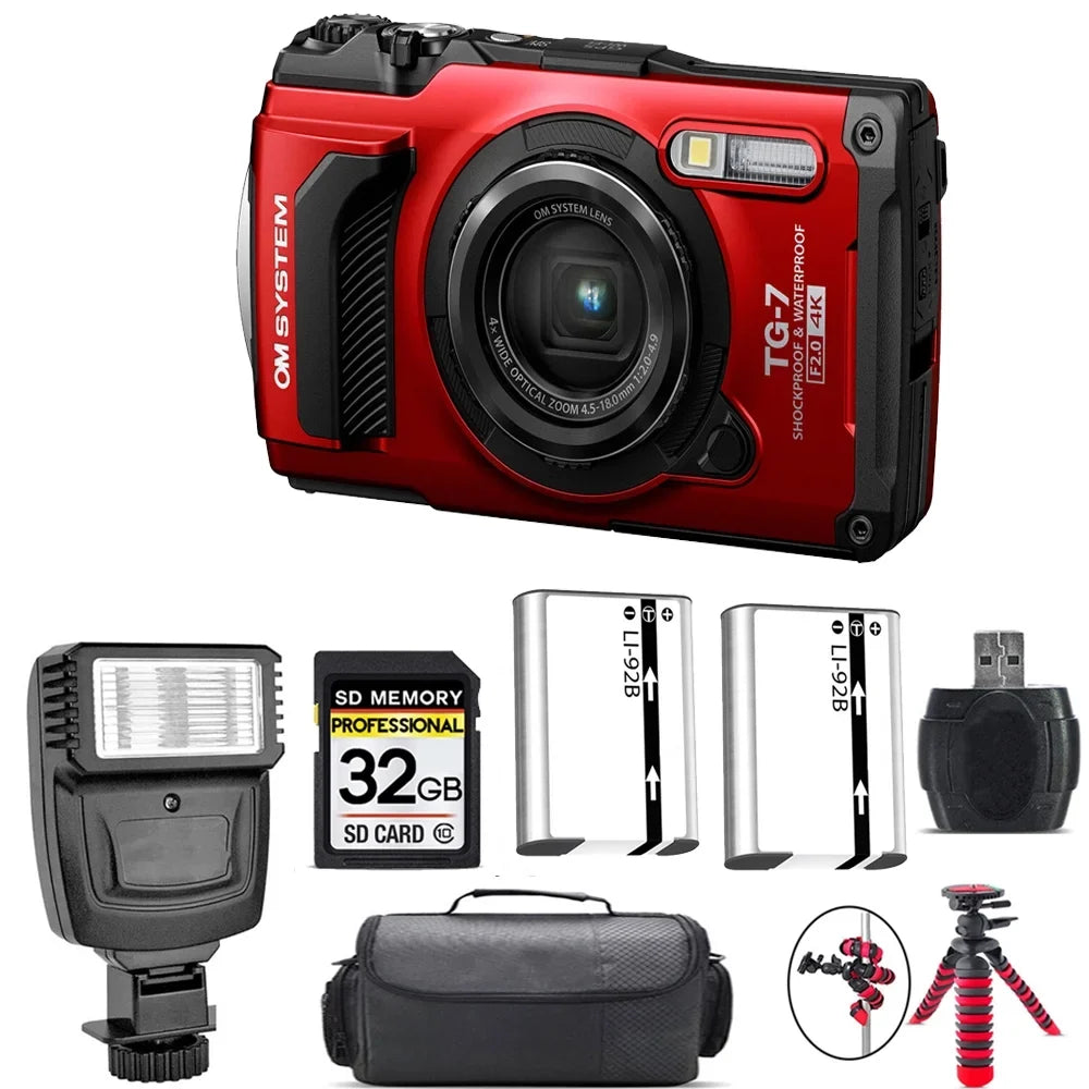 Olympus OM SYSTEM Tough TG-7 Digital Camera (Red) + Extra Battery + Flash - 32GB Kit