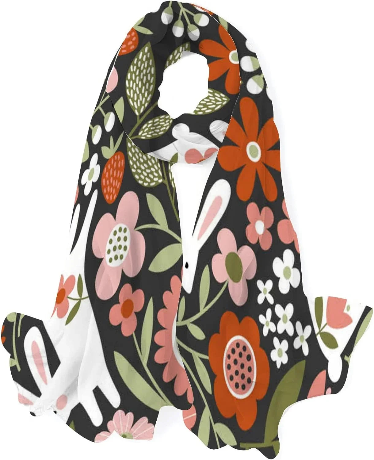 Hyjoy Cute White Rabbits Flowers Leaves Long Silk Neck Scarf Mass Shawl Wrap Scarves for Women Girls