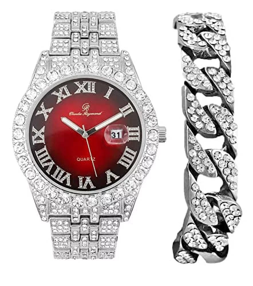 Charles Raymond Big Rocks w/Roman Numerals Fully Iced Out Mens Watch w/Easy Read Date and Colorful Dials- Designer Hip Hop Blinged Out Timepiece - ST0226RND Cuban Silver RED
