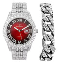 Charles Raymond Big Rocks w/Roman Numerals Fully Iced Out Mens Watch w/Easy Read Date and Colorful Dials- Designer Hip Hop Blinged Out Timepiece - ST0226RND Cuban Silver RED