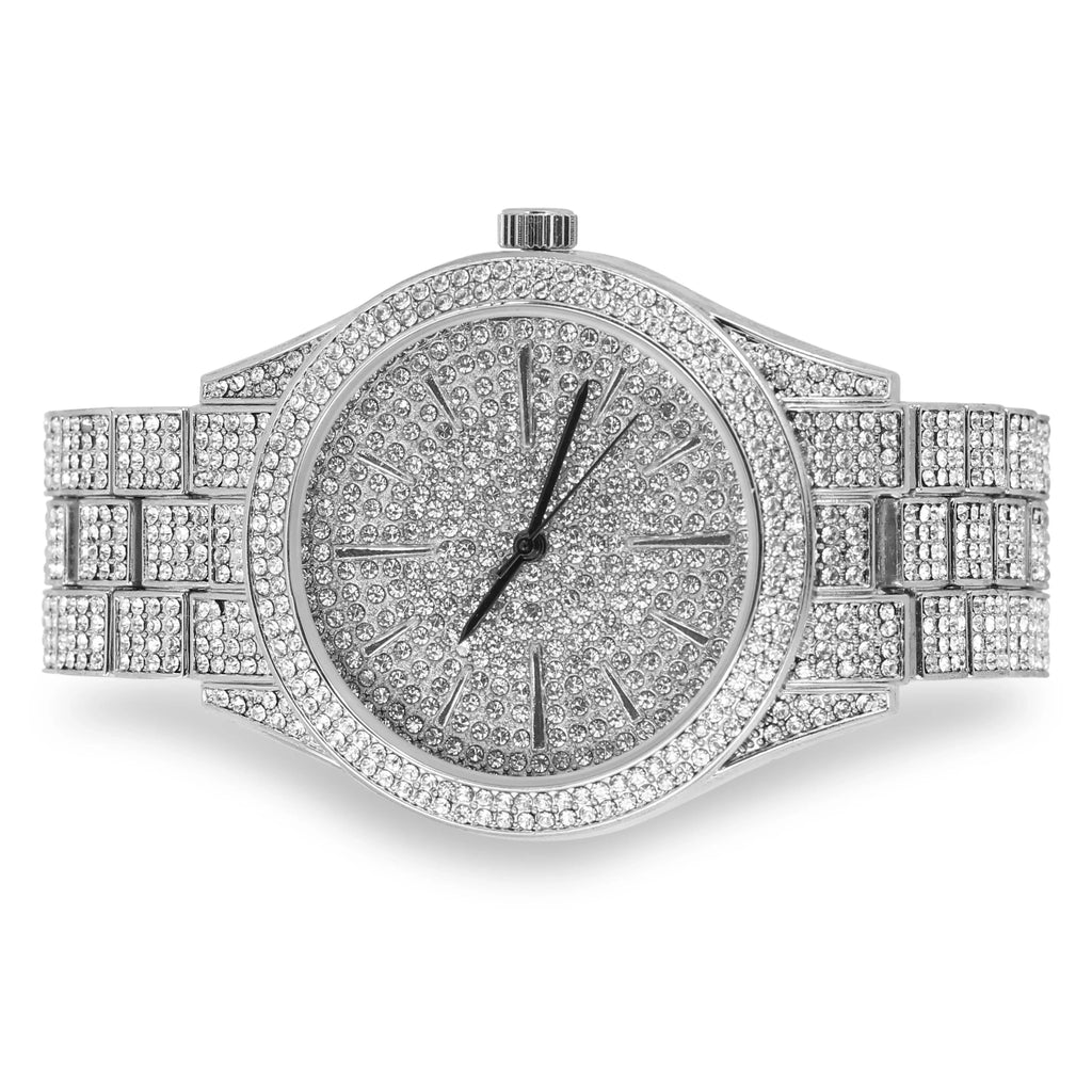 Mens Iced Out 42mm Diamond Watch with Simulated Diamonds and Bling Dial - Bling-ed Out Fully Adjustable Metal Band - Quartz Movement - Silver Tone Finish