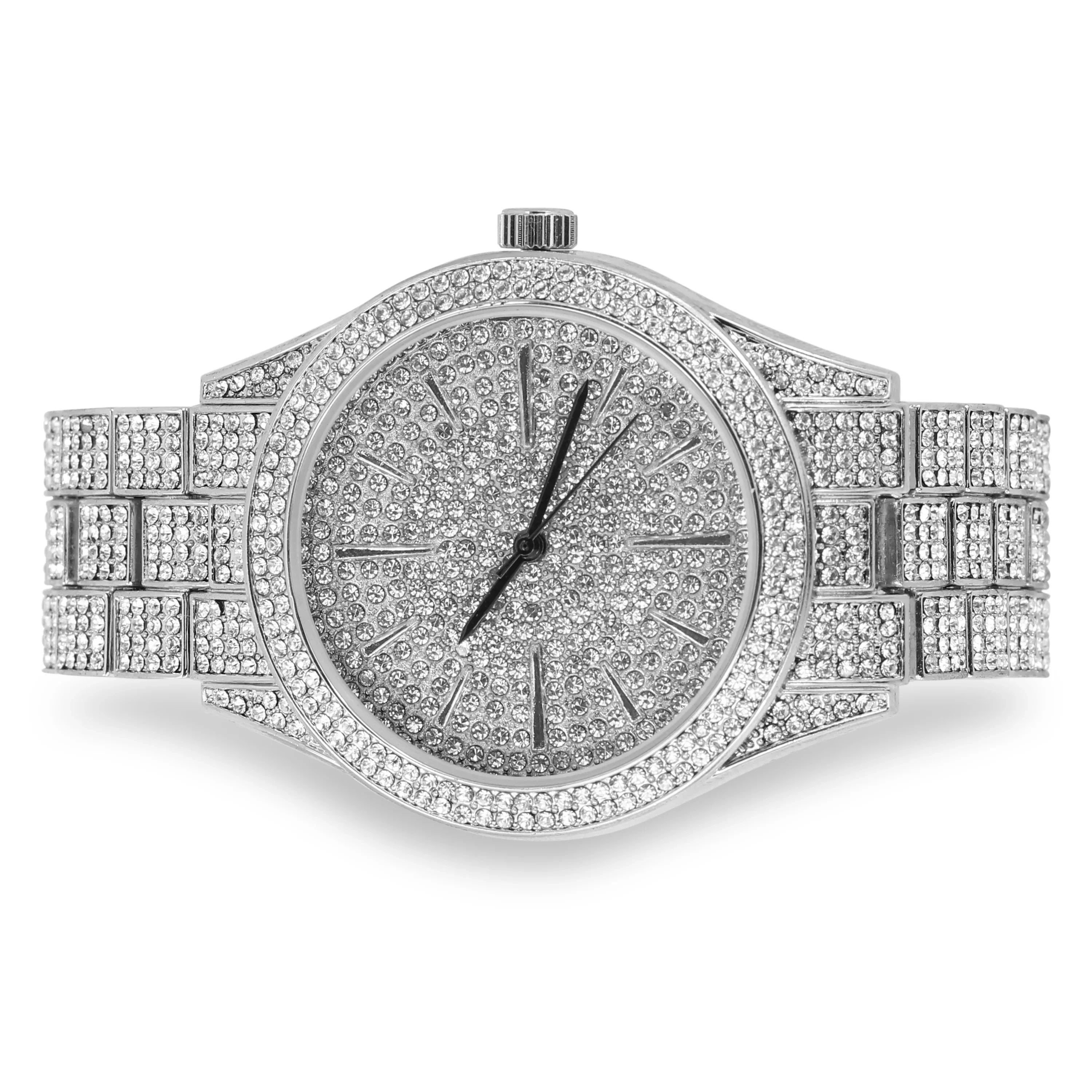 Mens Iced Out 42mm Diamond Watch with Simulated Diamonds and Bling Dial - Bling-ed Out Fully Adjustable Metal Band - Quartz Movement - Silver Tone Finish