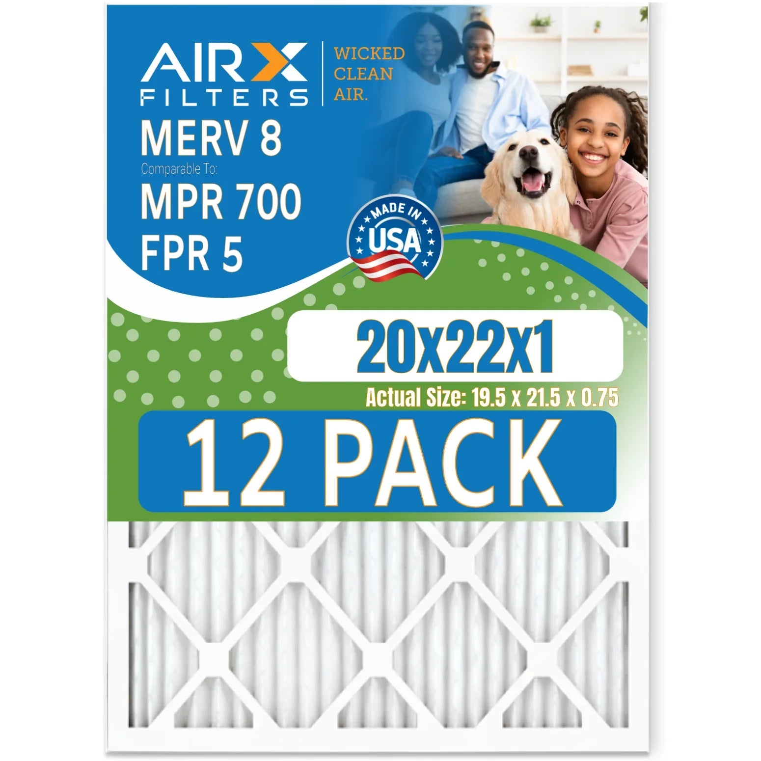 20x22x1 Air Filter MERV 8 Rating, 12 Pack of Furnace Filters Comparable to MPR 700 & FPR 5 - Made in USA by AIRX FILTERS WICKED CLEAN AIR.