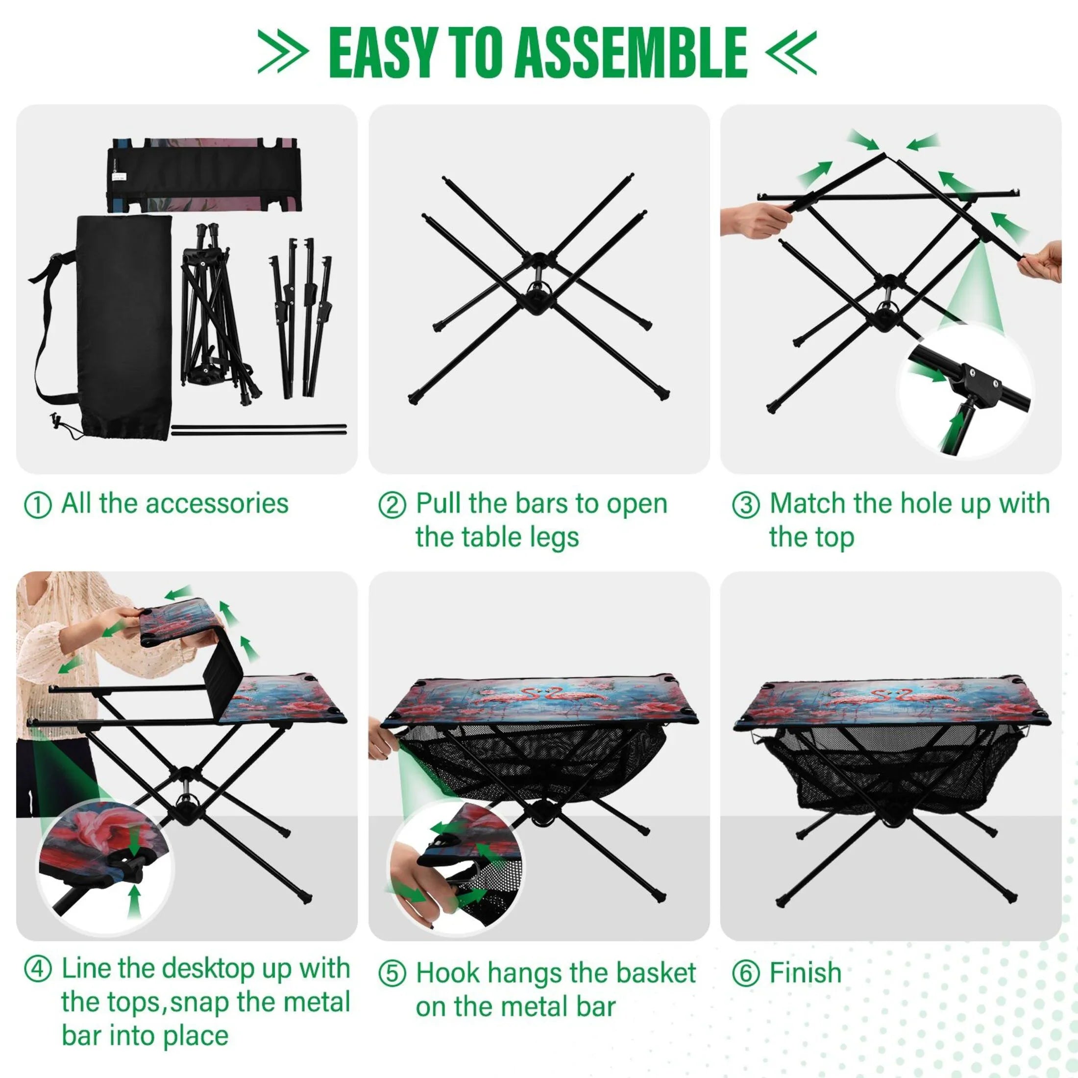Flamingos and Flowers Camping Foldable Portable Table Beach Table with Storage Bag Compact Picnic Table for Outdoor Hiking Fishing BBQ