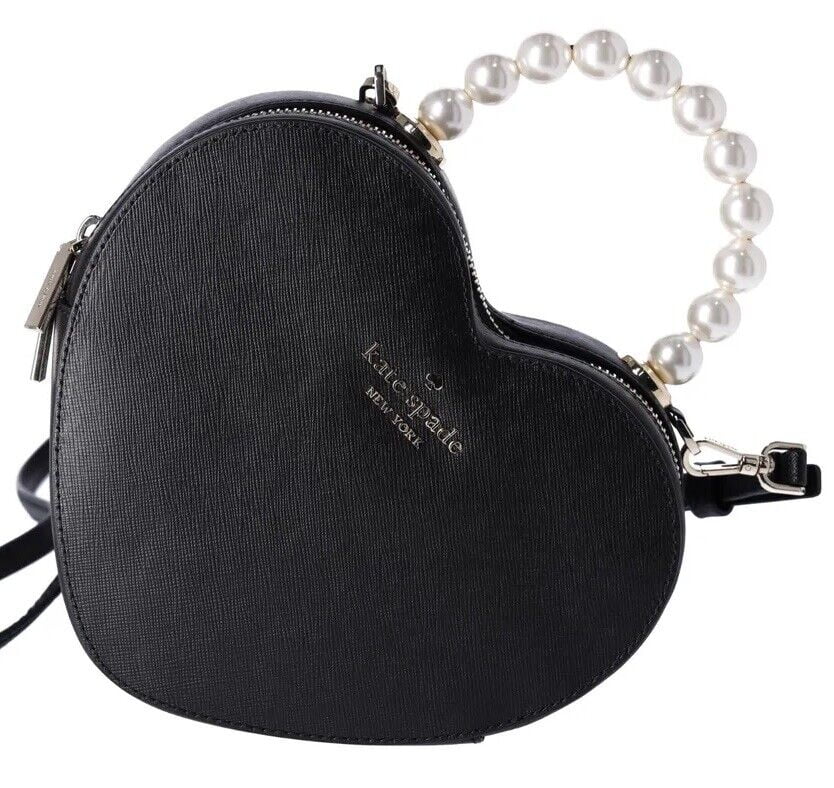 Kate Spade Love Shack Pearl Crossbody Purse Ebony Leather Heart KF516