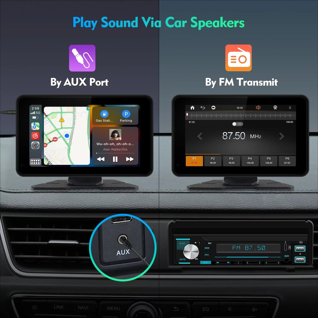 Portable Wireless Carplay & Android Auto Car Stereo, 7 Inch Full HD Car Touch Screen Portable Car Radio Receiver with Bluetooth, FM Transmitter, AUX, Voice Control, Navigation, Backup Camera