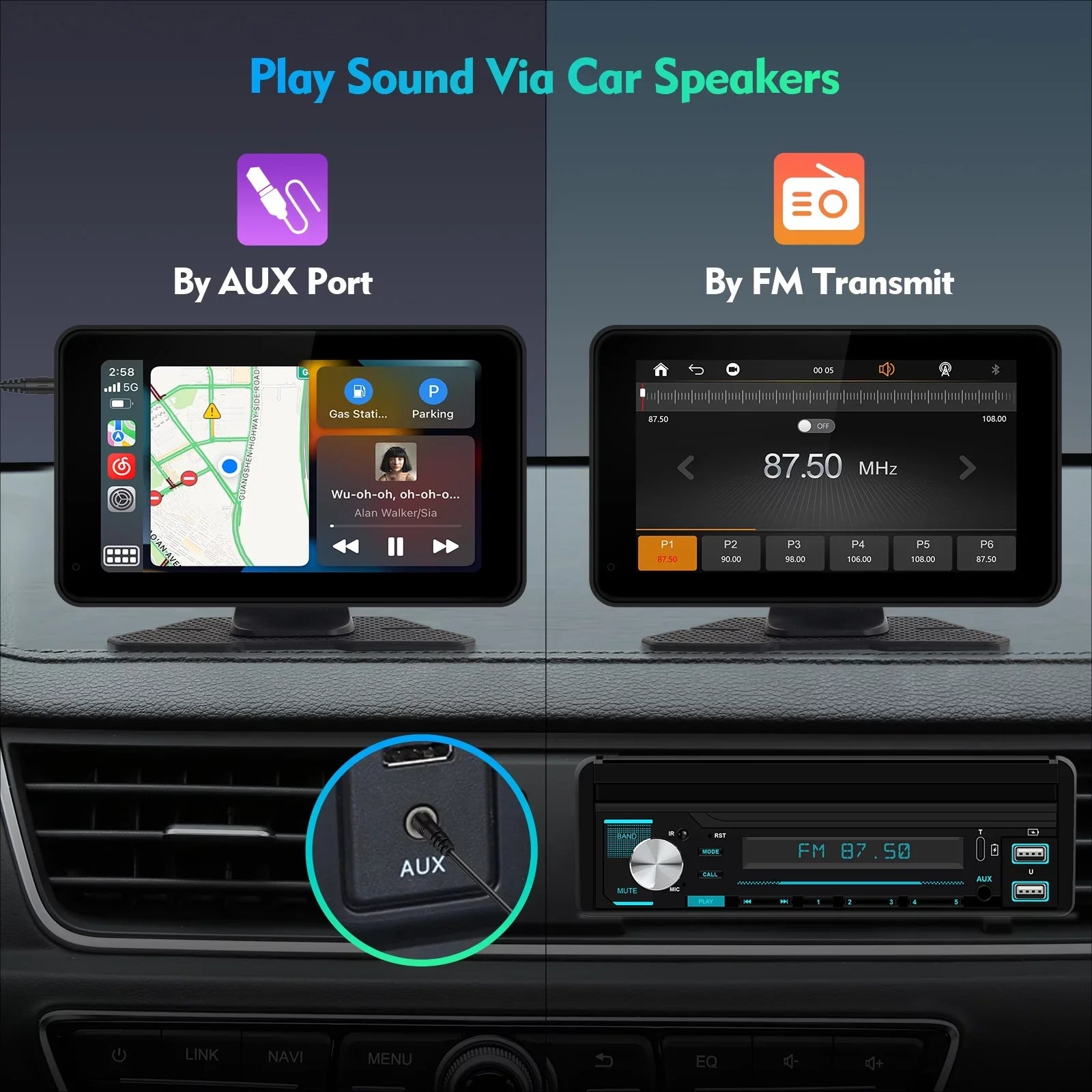 Portable Wireless Carplay & Android Auto Car Stereo, 7 Inch Full HD Car Touch Screen Portable Car Radio Receiver with Bluetooth, FM Transmitter, AUX, Voice Control, Navigation, Backup Camera
