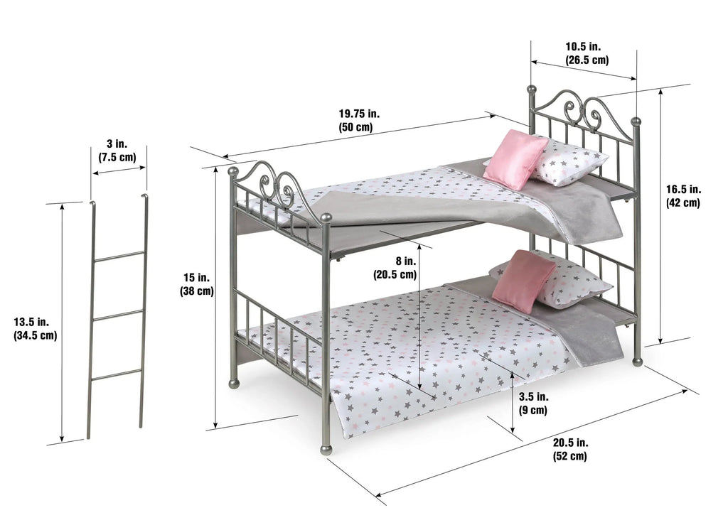 Badger Basket Scrollwork Metal Bunk Bed with Ladder, Bedding for 18 inch Dolls - Silver/Pink