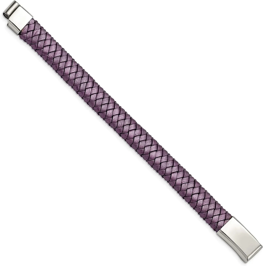 Chisel Stainless Steel Polished Metallic Purple Braided Leather Bracelet - 7.5"