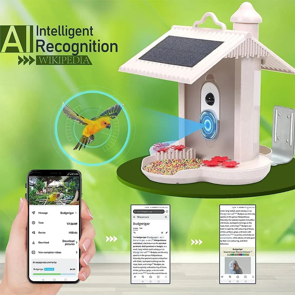 Carevas WIFI Smart Bird Feeder Camera 1080P Auto Capture Bird Video and Motion Detection Real-time Notification AI Identify Bird Species IP65 Waterproof 128G TF Cards