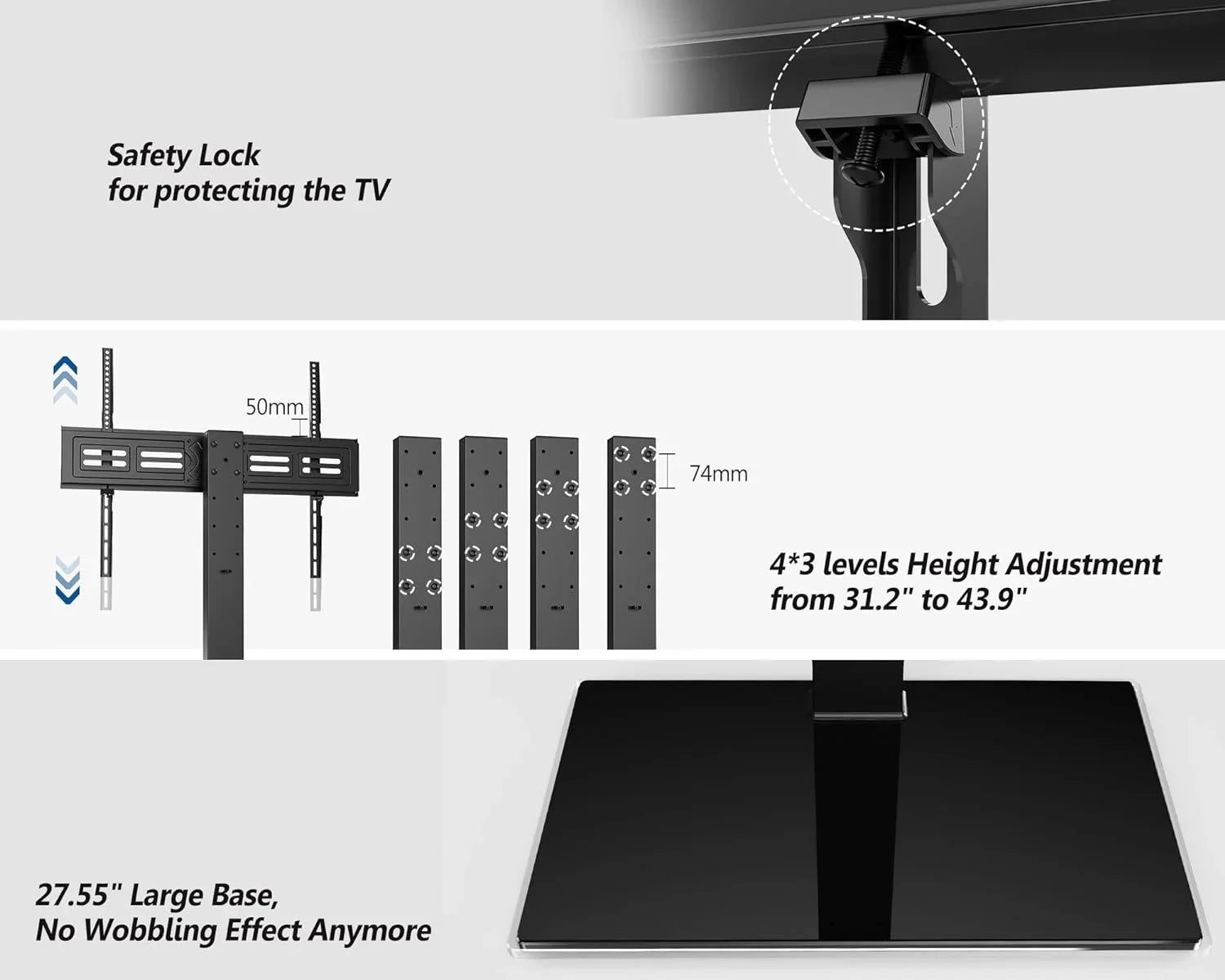 HBBOOMLIFE Universal TV Stand/Base Swivel Tabletop TV Stand with Mount for 50 to 85 inch Flat Screen TV 100 Degree Swivel 4 Level Height Adjustable Tempered Glass Base Holds up to 143 lb