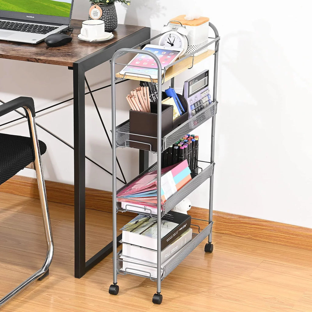 KK KINGRACK 4-Tier Rolling Cart, Mesh Storage Utility Carts with Wooden Tabletop for Kitchen Bathroom, Gray