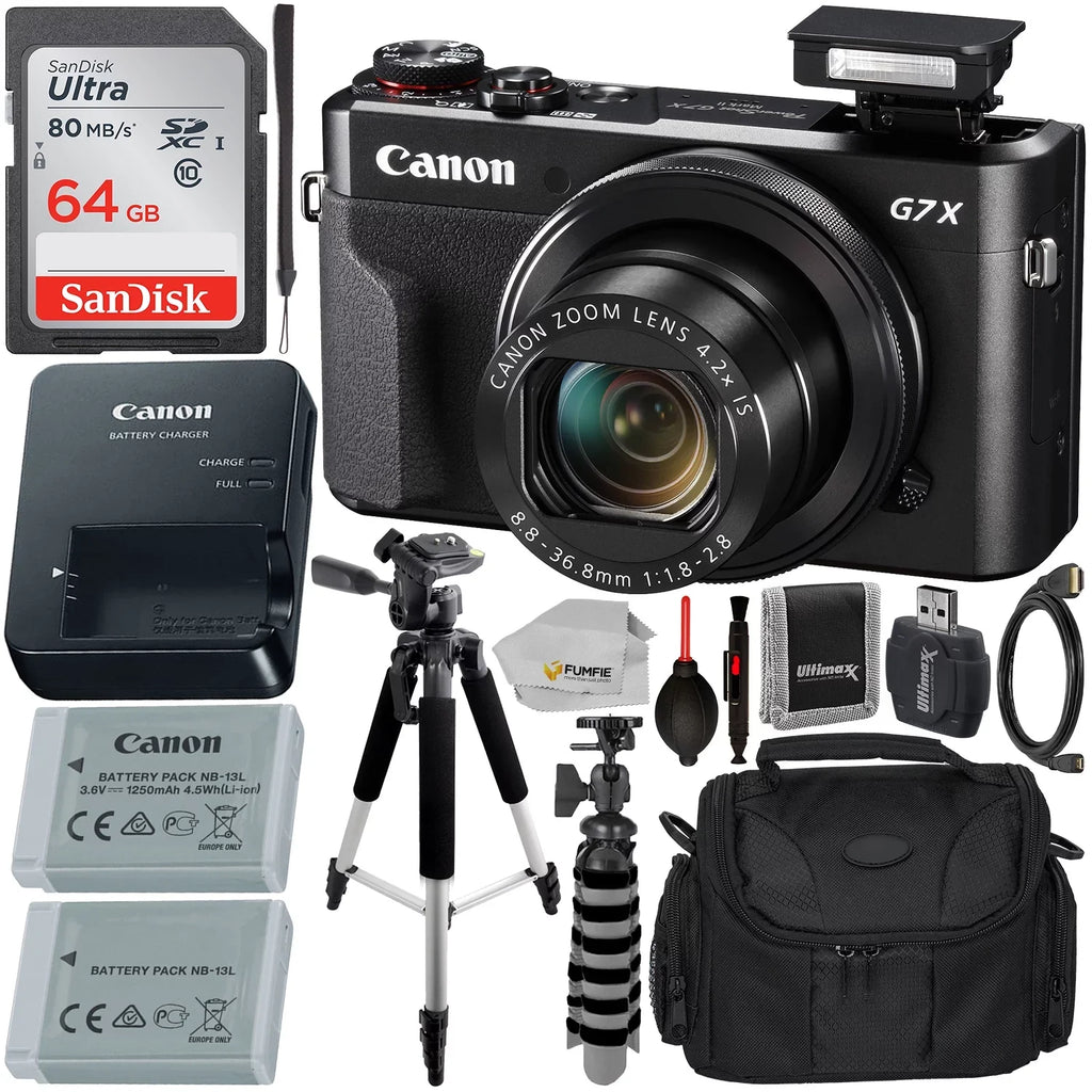 PowerShot G7 X Mark II Digital Camera Ebony with Essential Accessory Bundle - Includes: SanDisk Ultra 64GB SDXC Memory Card, Extended Life Replacement Battery, Tripod, Carrying Case & More