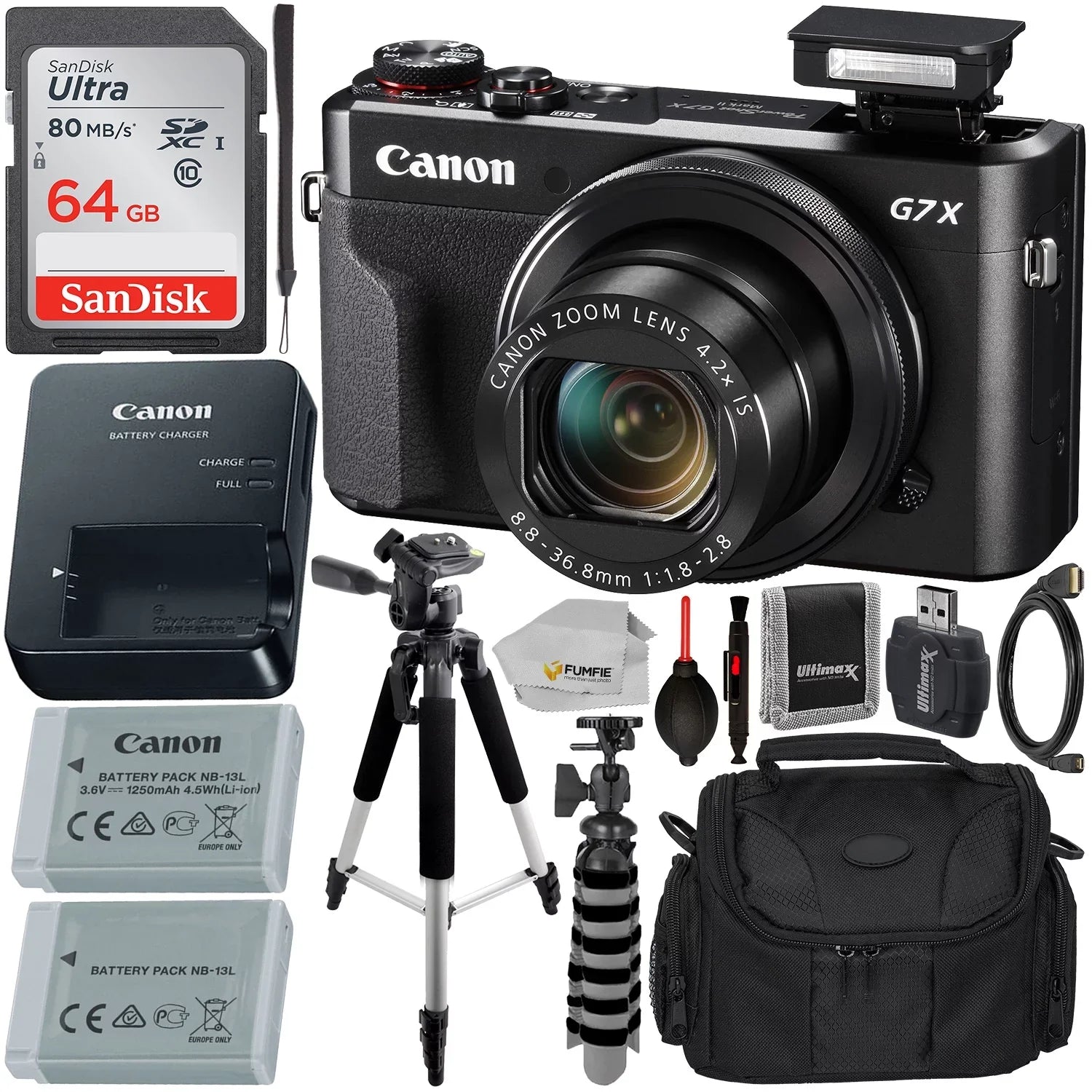 PowerShot G7 X Mark II Digital Camera Ebony with Essential Accessory Bundle - Includes: SanDisk Ultra 64GB SDXC Memory Card, Extended Life Replacement Battery, Tripod, Carrying Case & More