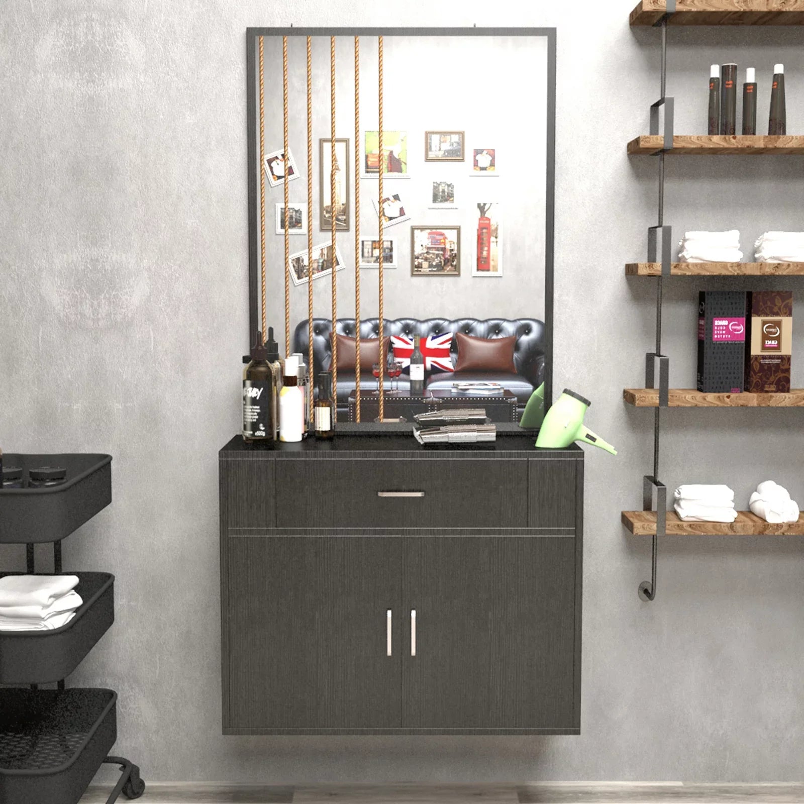 Artist Hand Wall Mount Barber Salon Station Hair Styling Makeup Spa with Mirror, Drawer, 2 Doors Ebony