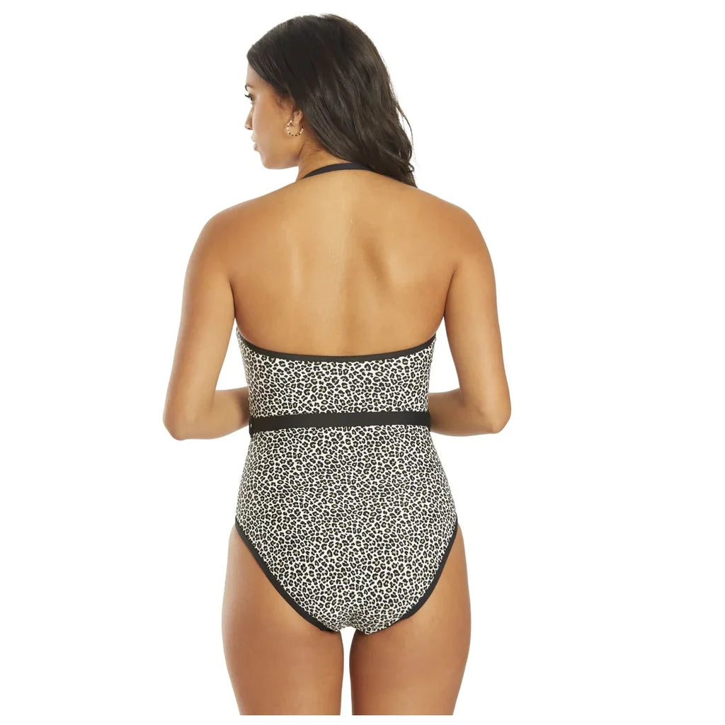 Michael Kors Women's Logo-Belt Printed Bandeau One-Piece Swimsuit Ebony Size 10