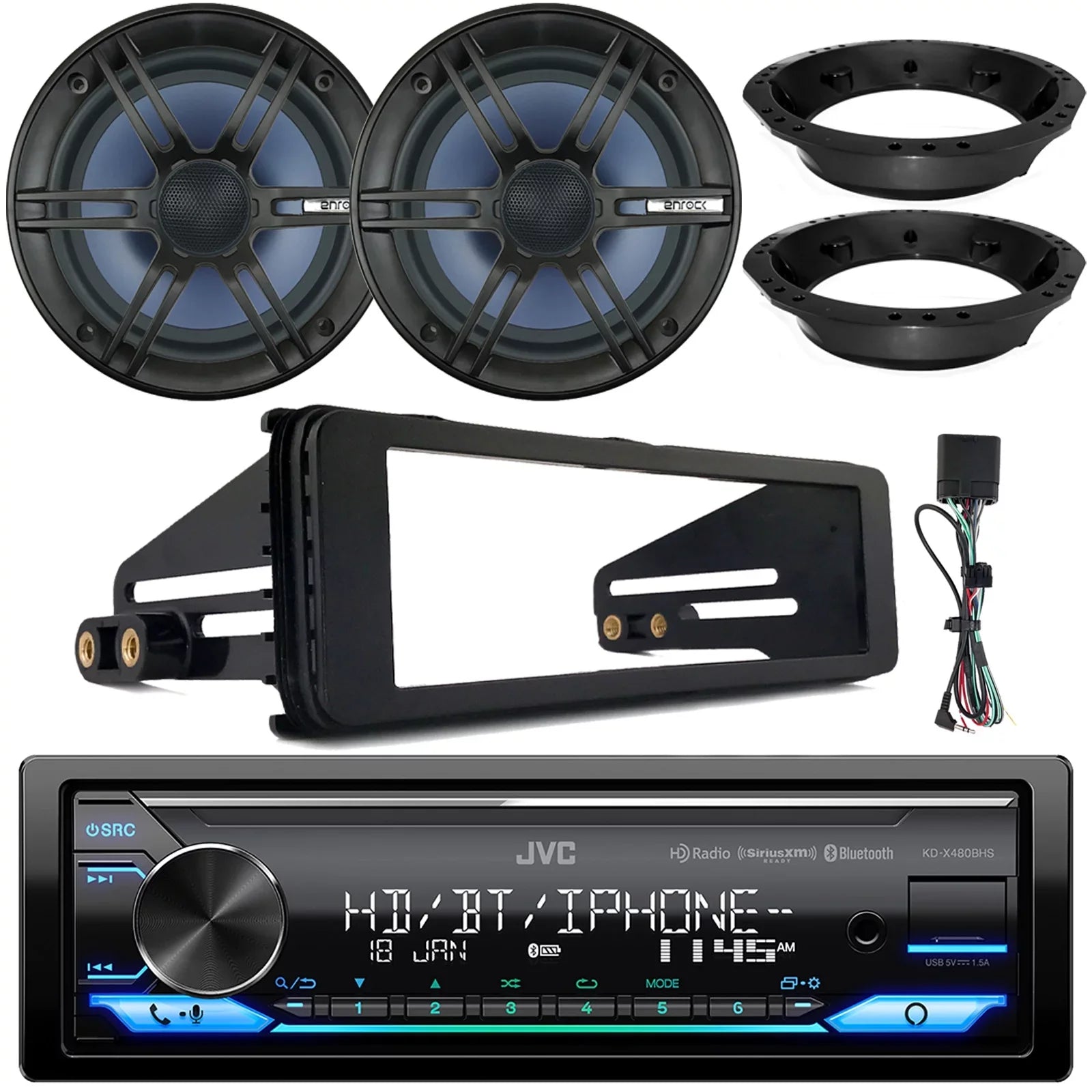 JVC KD-X480BHS Single DIN Bluetooth USB AUX LED AM/FM Radio Stereo SiriusXM Ready Amazon Alexa LED Car Audio Receiver, 2x Enrock 6.5" Speakers with Adapters, FLHX FLHTC Install Harley Dash Kit
