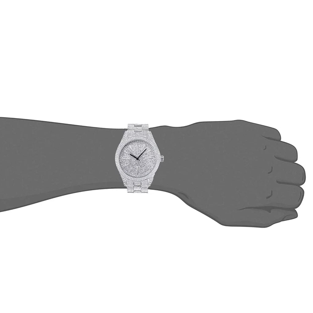 Mens Iced Out 42mm Diamond Watch with Simulated Diamonds and Bling Dial - Bling-ed Out Fully Adjustable Metal Band - Quartz Movement - Silver Tone Finish