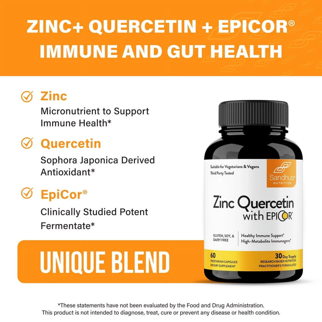 Sandhu’s Zinc with 200mg Quercetin, 500mg EpiCor® (Fermentate) - Year-Round Immune Support, 30 Servs