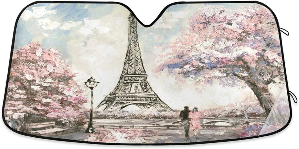 Wellsay Beautiful Paris Eiffel Tower Seine River Cherry Tree Lovers Couple Car Windshield Sun Shade,oldable Visor Protector Keep Cool Sunshade Blocks UV Rays and Accessories to Protect for Cars