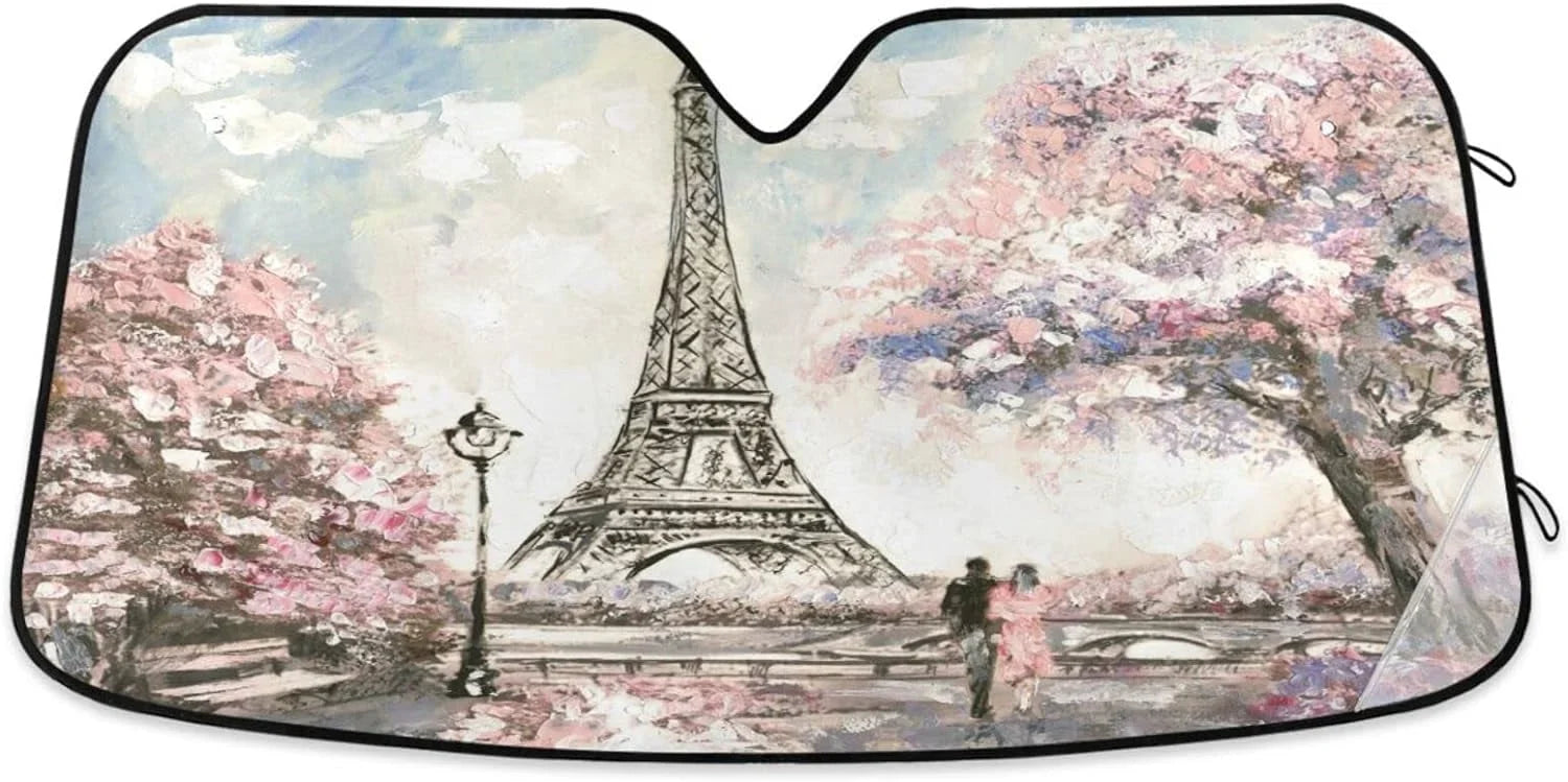 Wellsay Beautiful Paris Eiffel Tower Seine River Cherry Tree Lovers Couple Car Windshield Sun Shade,oldable Visor Protector Keep Cool Sunshade Blocks UV Rays and Accessories to Protect for Cars