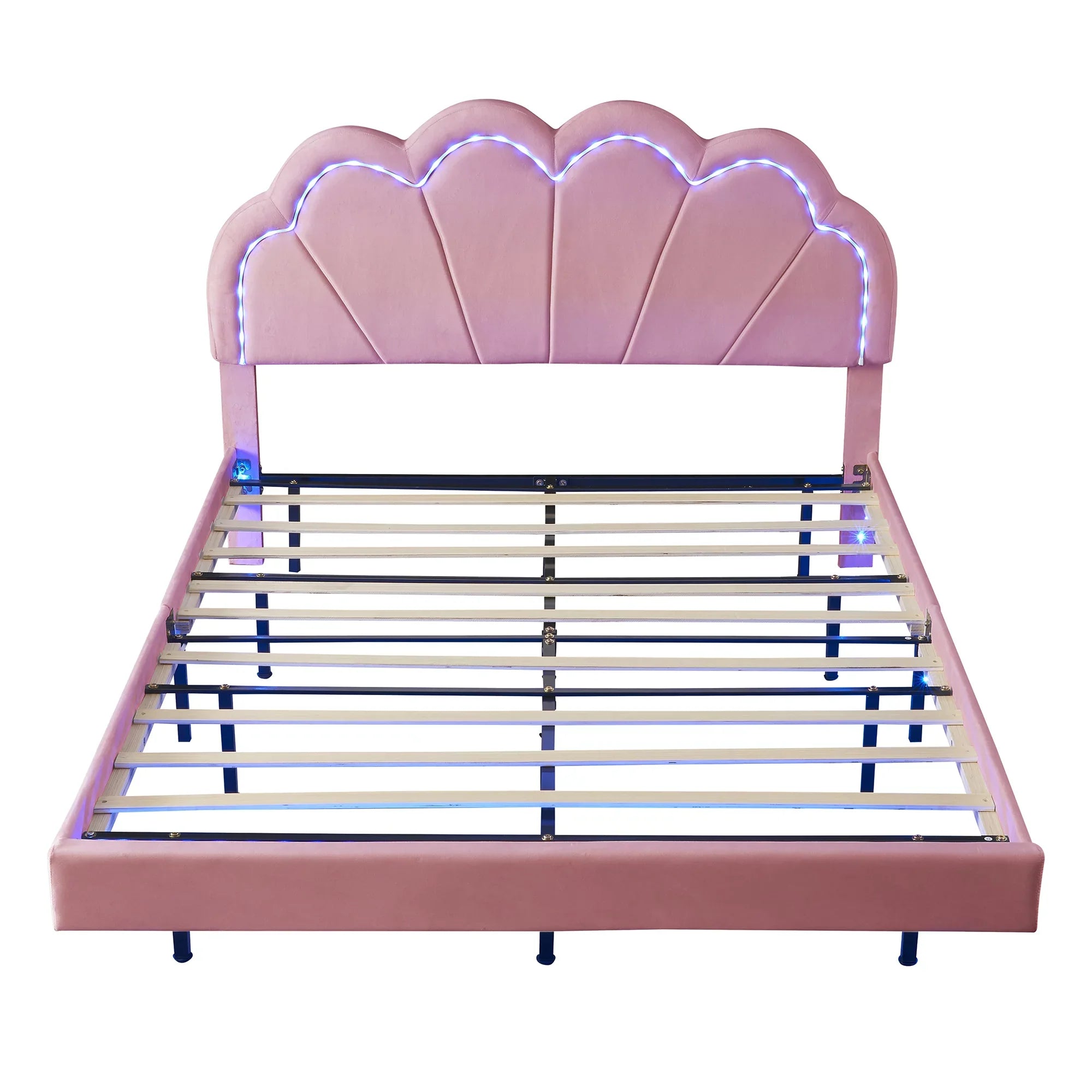 CoSoTower Queen Upholstered Smart LED Bed Frame with Elegant Flowers Headboard,Floating Velvet Platform LED Bed with Wooden Slats Support,Pink