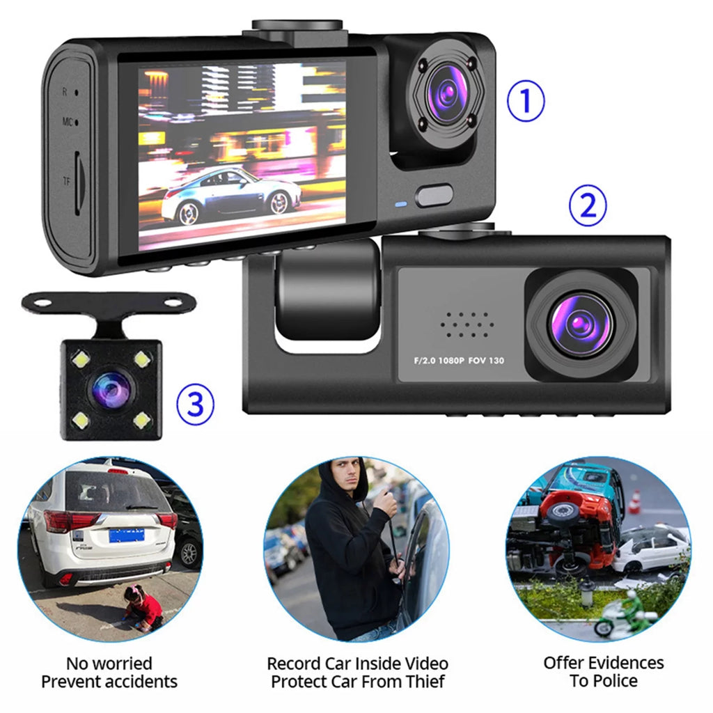 Shinysix Dash Cam Front and Rear Interior 3 Cameras 1080P+720P+480p Car Rearview Mirror Car Video Recording Camcorder Night Vision Car Camera Recorder Auto Safety Driving Recorder