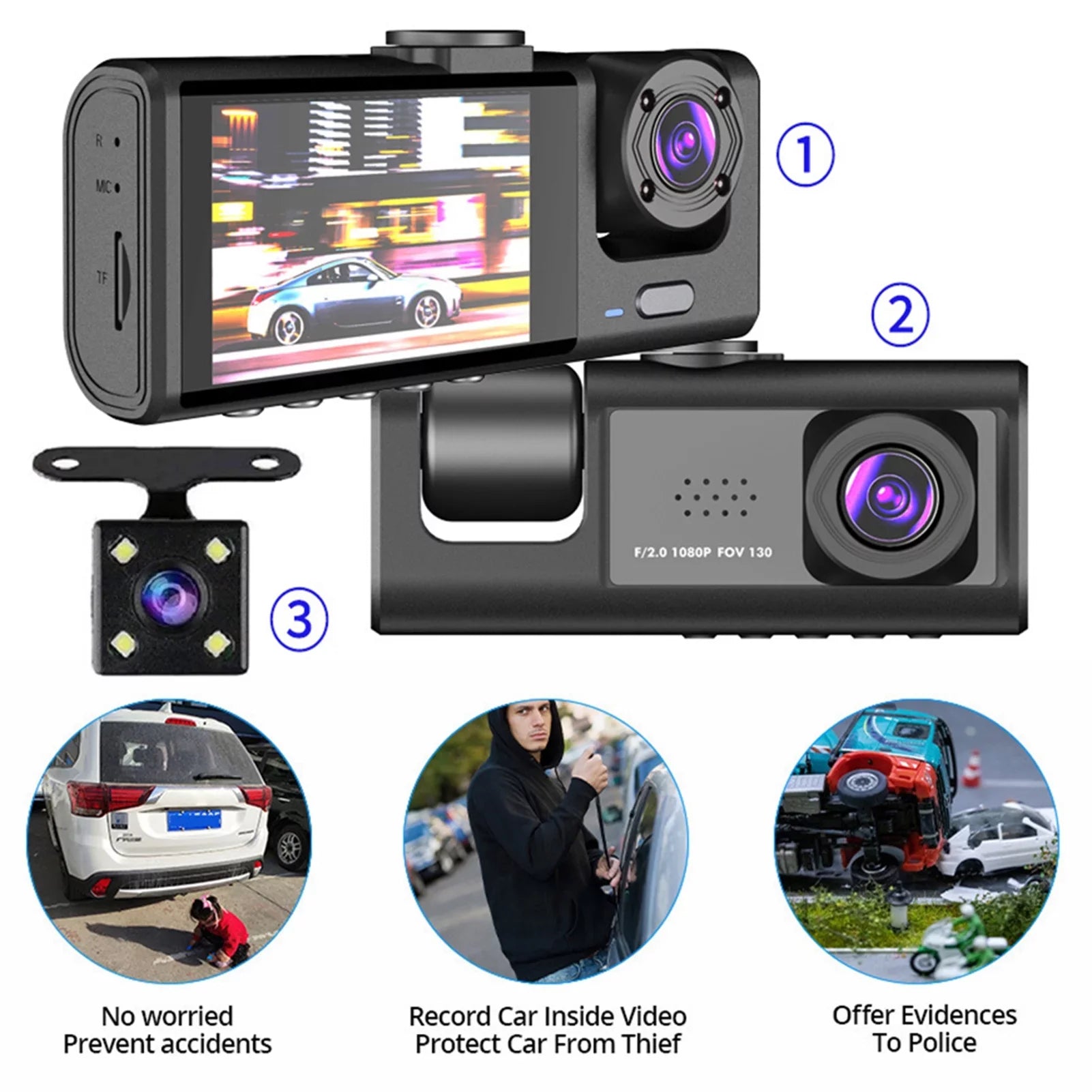 Shinysix Dash Cam Front and Rear Interior 3 Cameras 1080P+720P+480p Car Rearview Mirror Car Video Recording Camcorder Night Vision Car Camera Recorder Auto Safety Driving Recorder