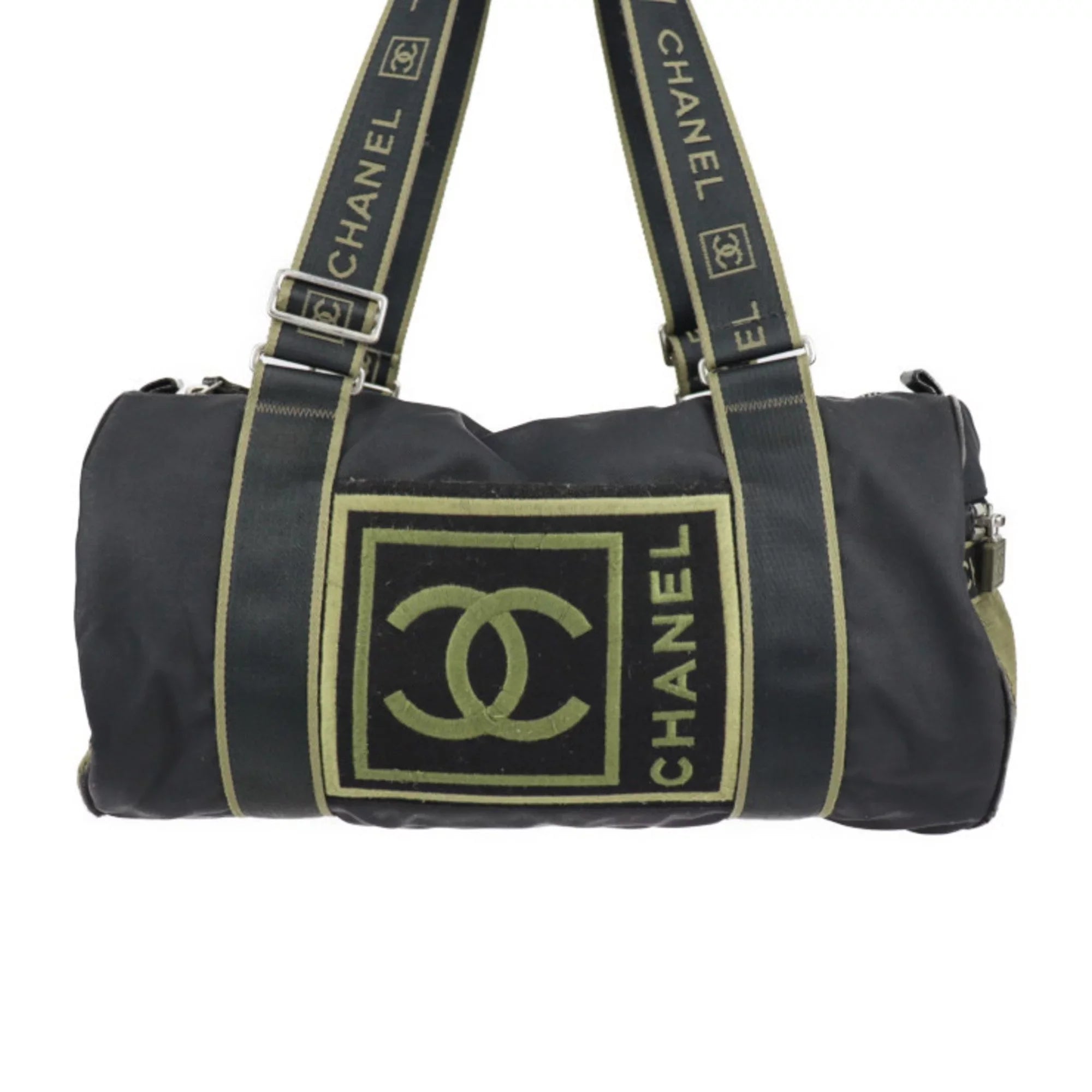Pre-Owned CHANEL Chanel Sport Line Boston Bag Nylon Canvas Jet Khaki Green Shoulder Travel Cocomark 10 Series Round Cylindrical (Fair)