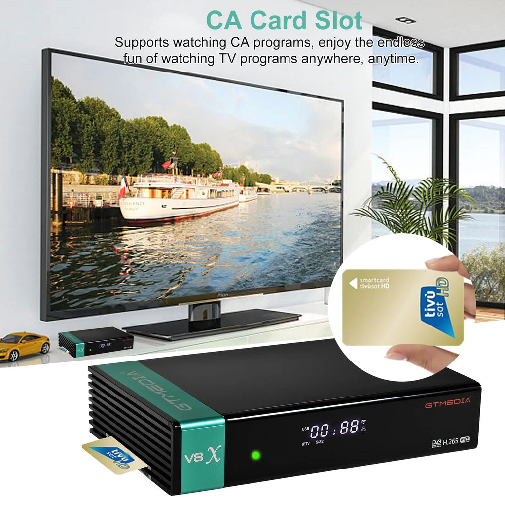 GTMEDIA V8X LA DVB-S/S2X Signal Receiver MU3 IKS Set Box SCART OUT CA Card Slot Built-in WiFi H.265 Digital TV Receptor