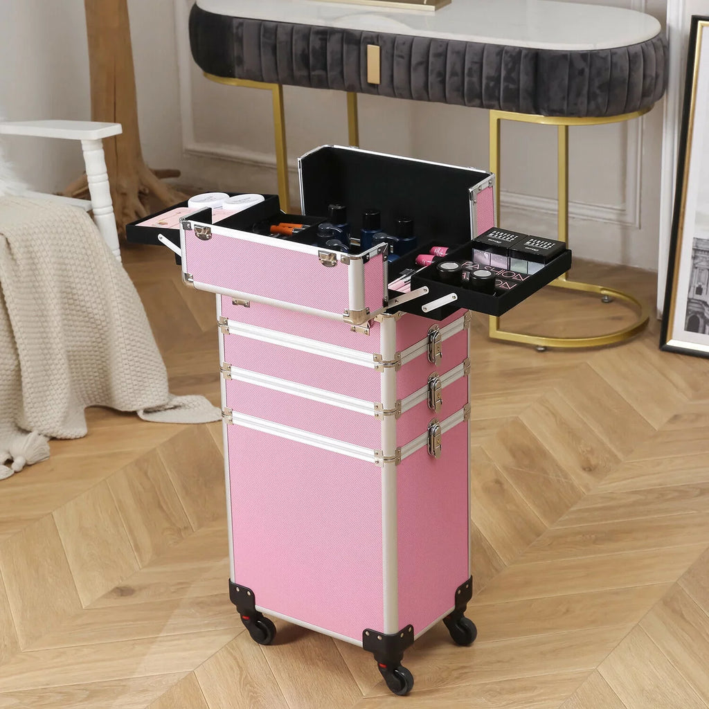 Rolling Train Case 4-in-1 Portable Makeup Train Case Professional Cosmetic Organizer Makeup Traveling case Trolley Cart Trunk