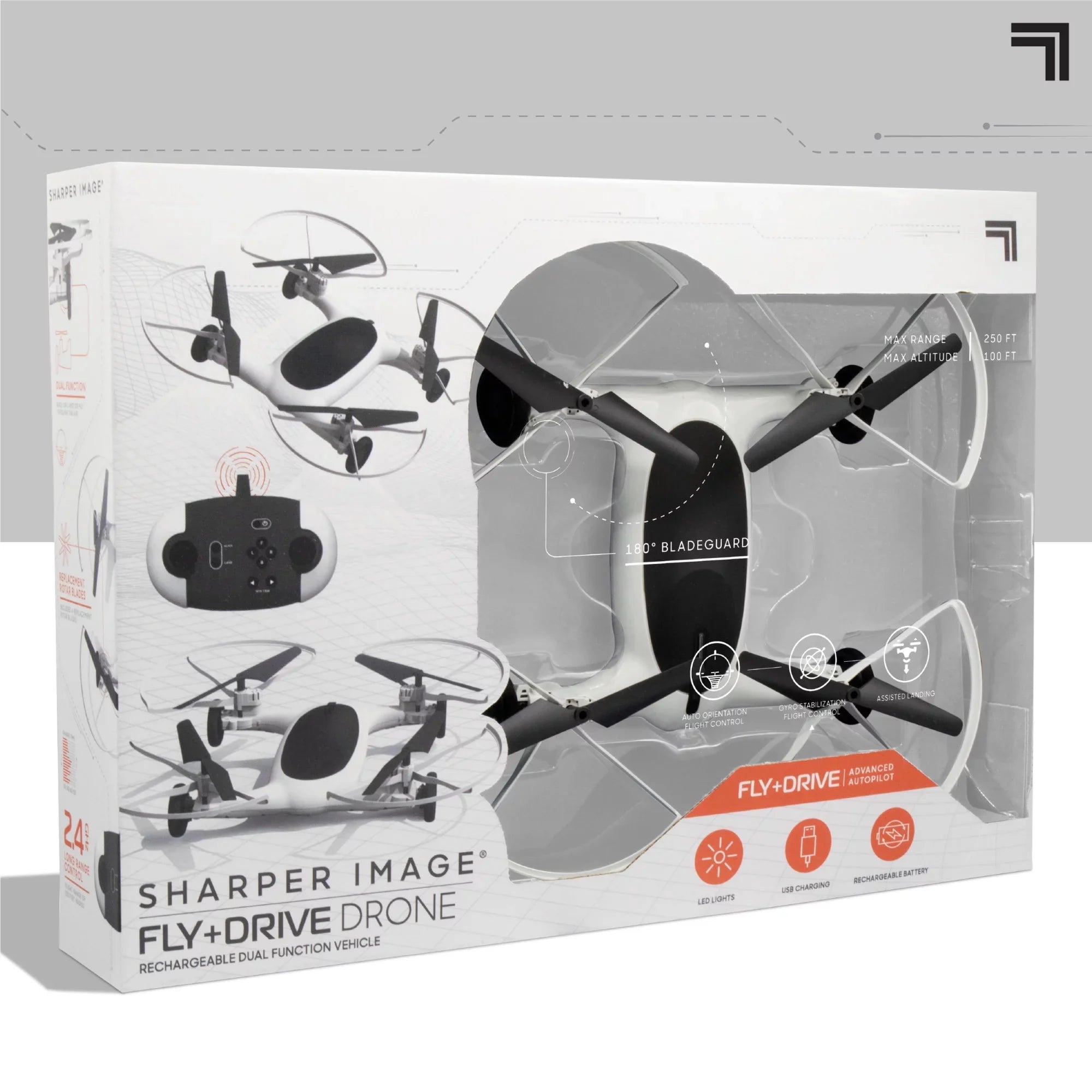SHARPER IMAGE Rechargeable Dual Function Fly + Drive Drone RC, 250ft Long Range Control and 215ft Max Altitude, 5in