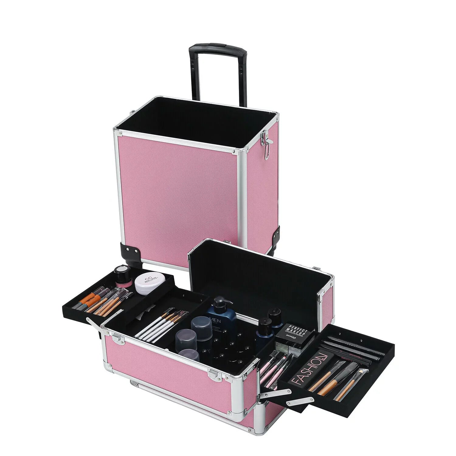 Rolling Train Case 4-in-1 Portable Makeup Train Case Professional Cosmetic Organizer Makeup Traveling case Trolley Cart Trunk