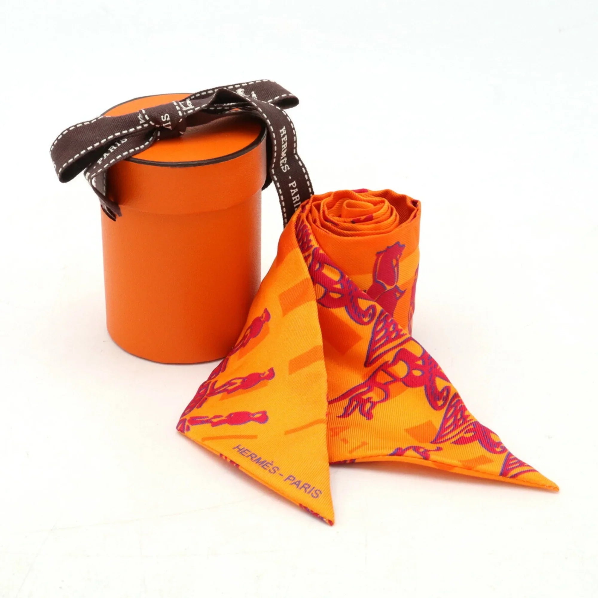 Pre-Owned HERMES Twilly Faubourg 24 Ginza 5-4-1 Scarf Muffler Hermes 10th Anniversary 100% Silk Orange (Good)