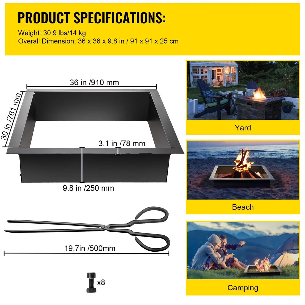 BENTISM Fire Pit Ring, 30" Square Fire Pit Insert, Heavy Duty Steel Fire Ring, DIY Bonfire Liner with Tongs Insert with Simple Installation for Outdoor, Patio, Backyard