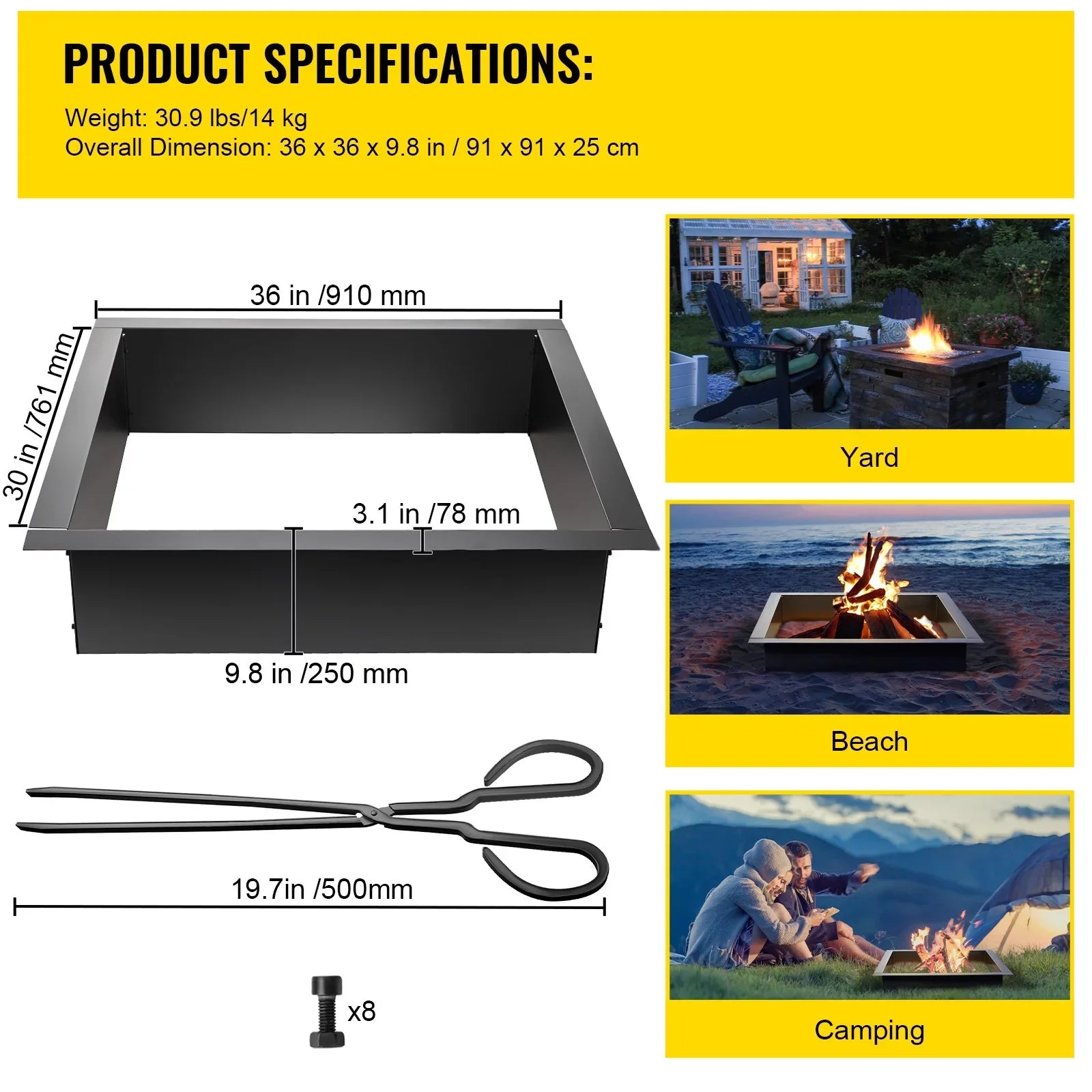 BENTISM Fire Pit Ring, 30" Square Fire Pit Insert, Heavy Duty Steel Fire Ring, DIY Bonfire Liner with Tongs Insert with Simple Installation for Outdoor, Patio, Backyard