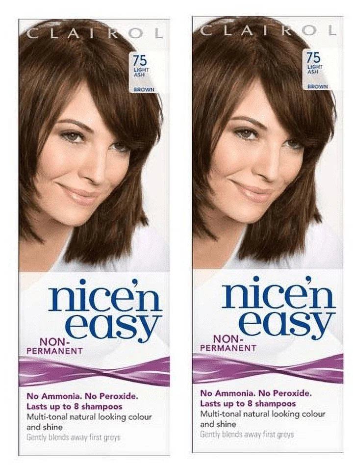 Clairol Nice n' Easy Hair Color #75 Light Ash Brown (Pack of 2) UK Loving Care + Makeup Blender Stick, 12 Pcs