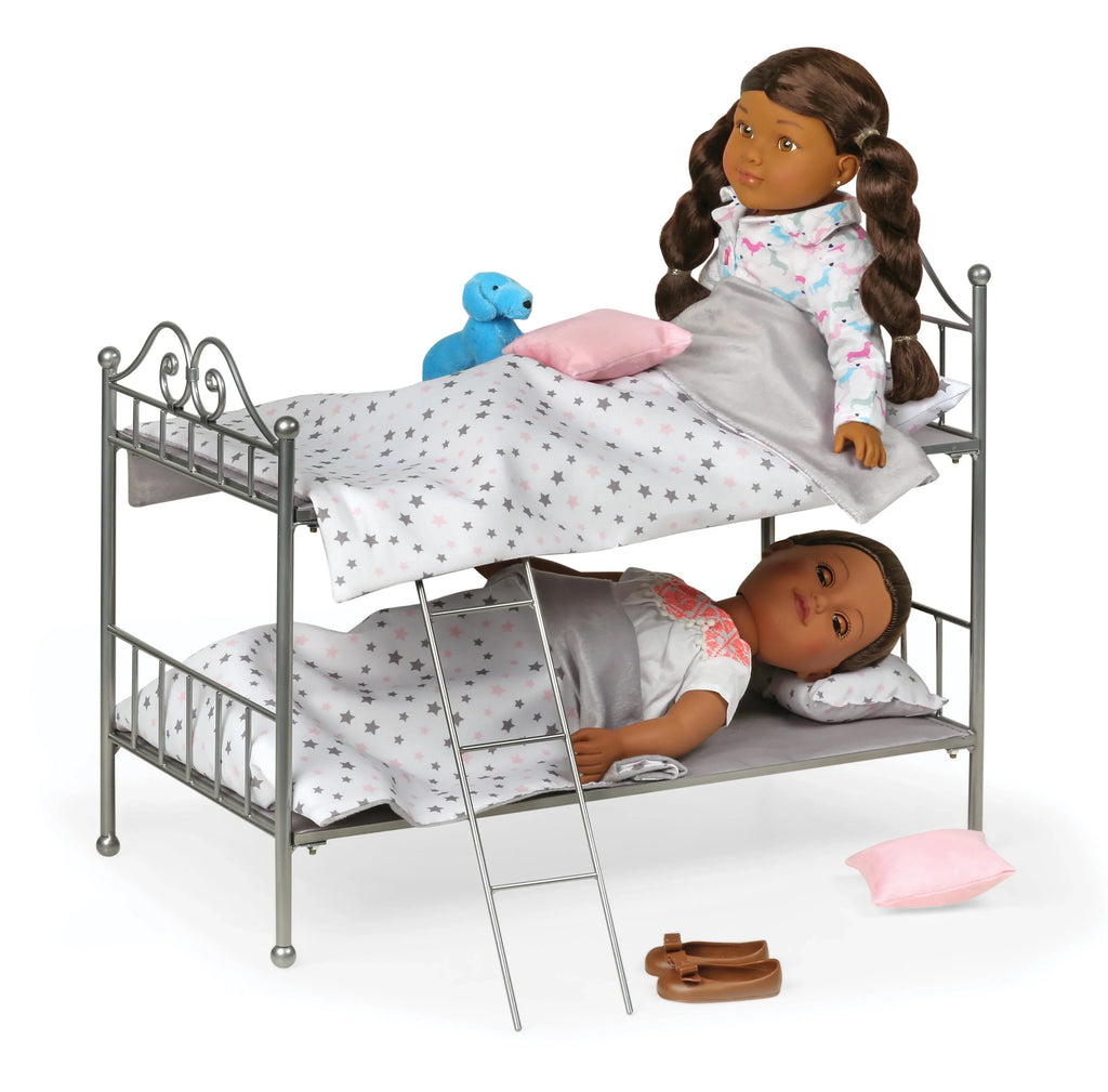 Badger Basket Scrollwork Metal Bunk Bed with Ladder, Bedding for 18 inch Dolls - Silver/Pink