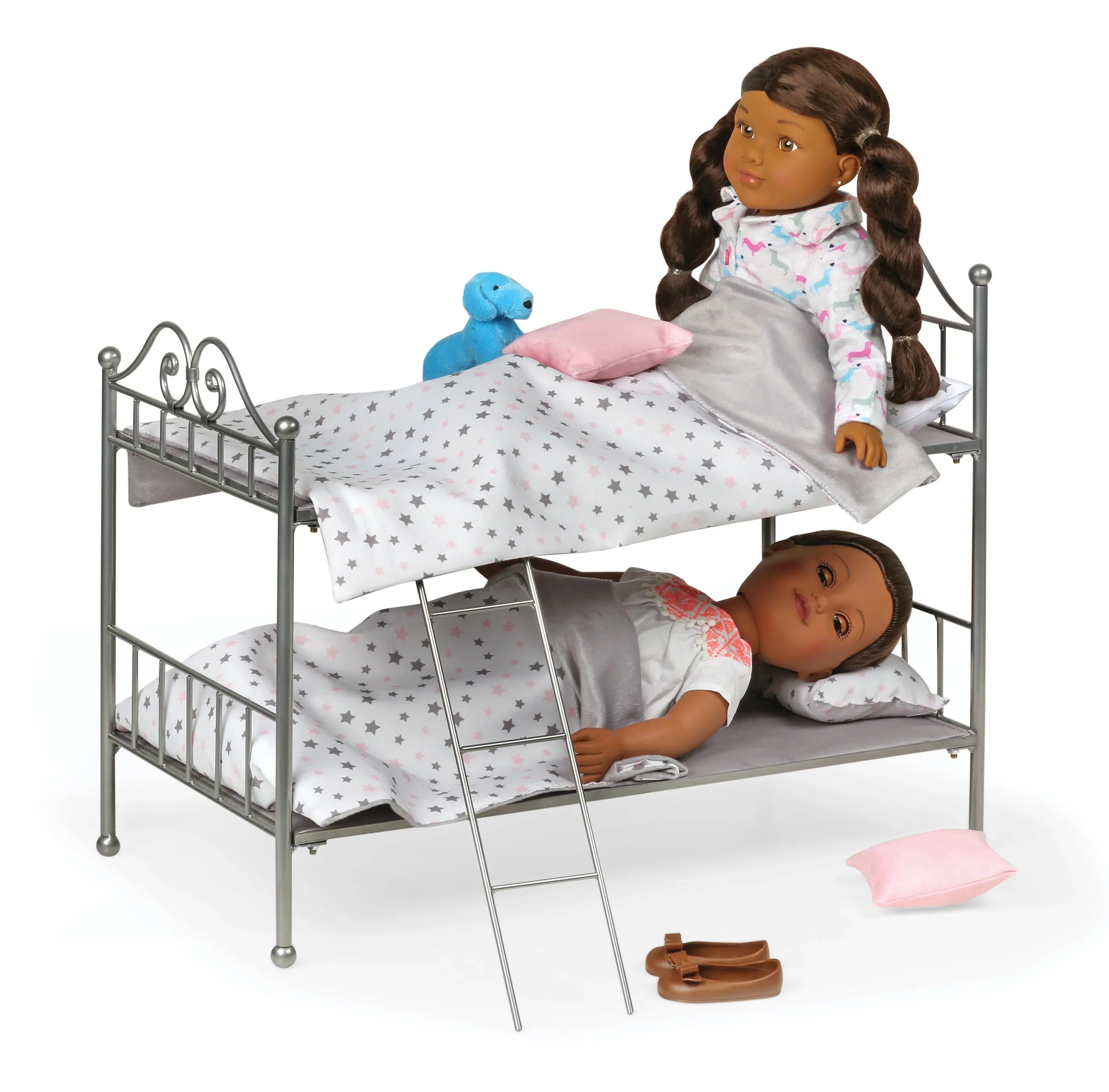 Badger Basket Scrollwork Metal Bunk Bed with Ladder, Bedding for 18 inch Dolls - Silver/Pink