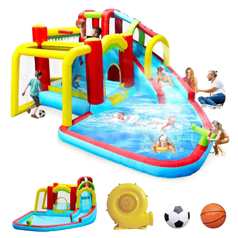 Inflatable Water Slide,7 in 1 Bounce House with Slide,Climbing Wall, Splash Pool, Basketball Rim,Outdoor Backyard Fun Toys for Kid,Blower Included