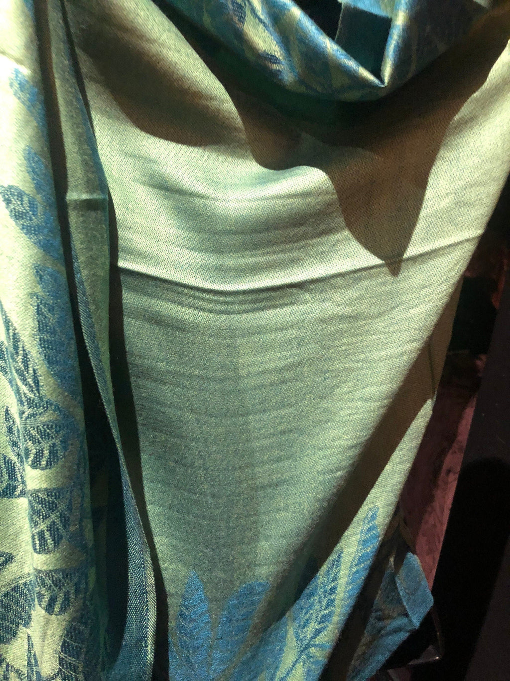 Vintage Teal blue and Green Vine Brocade Reversable Pashmina Scarf Wrap shawl