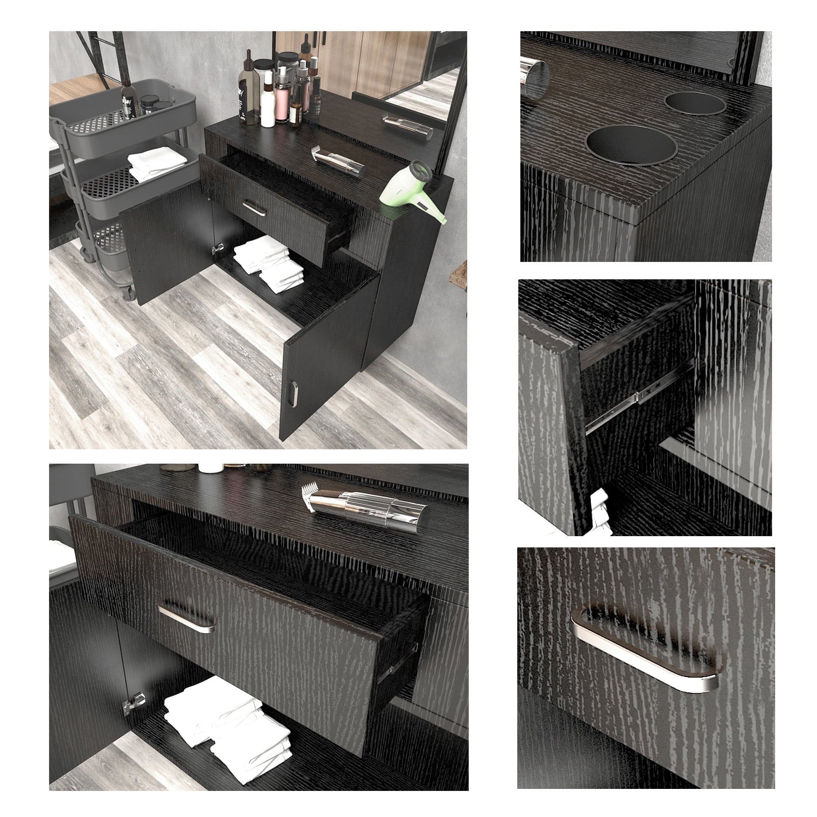 Artist Hand Wall Mount Barber Salon Station Hair Styling Makeup Spa with Mirror, Drawer, 2 Doors Ebony