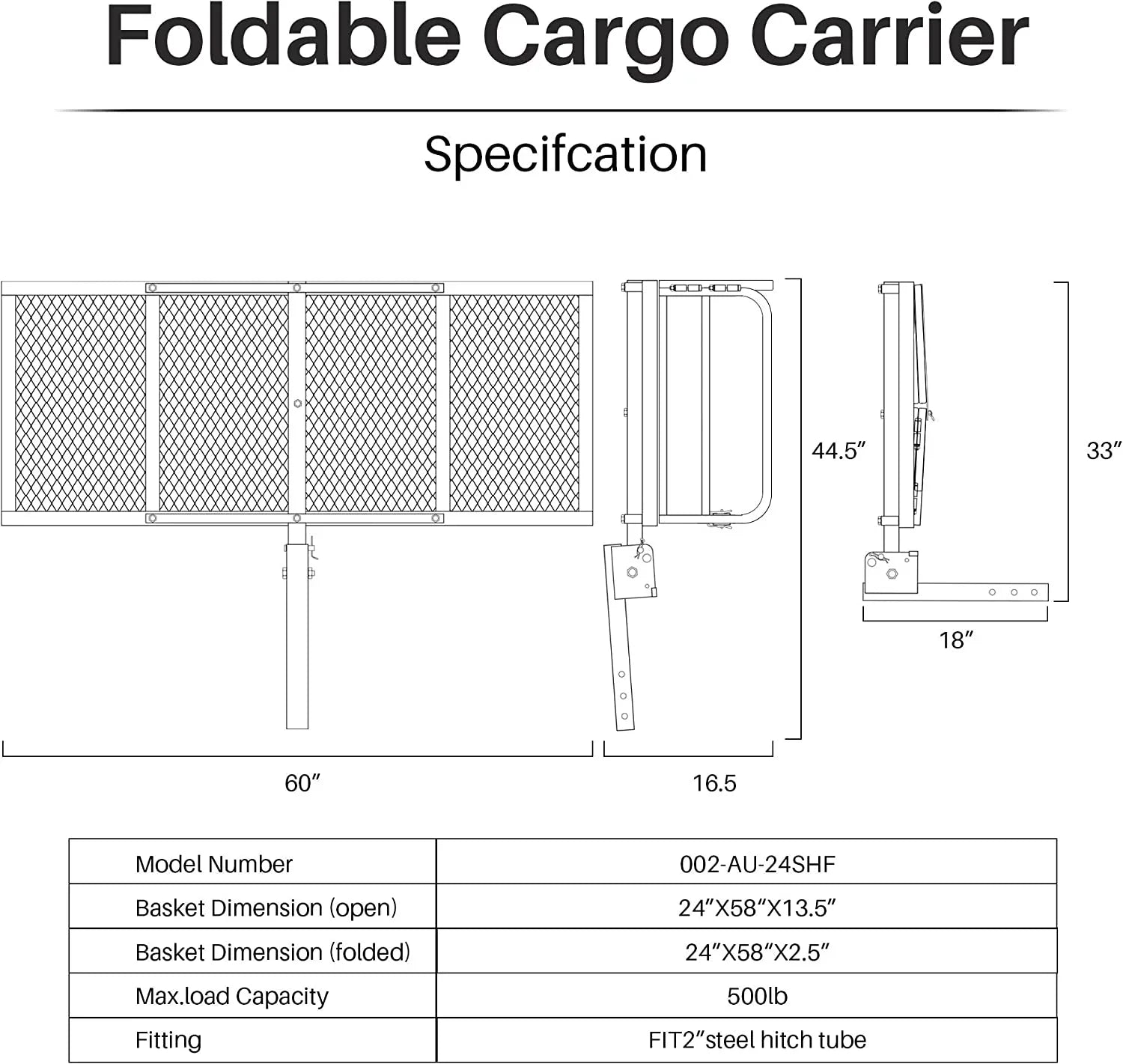 60 x 24 Inch Folding Cargo Rack Carrier with Waterproof Cargo Bag 500 Lbs Heavy Duty Capacity 2 Inch Receiver Luggage Basket Hitch Fold Up for SUV Pickup Camping Traveling