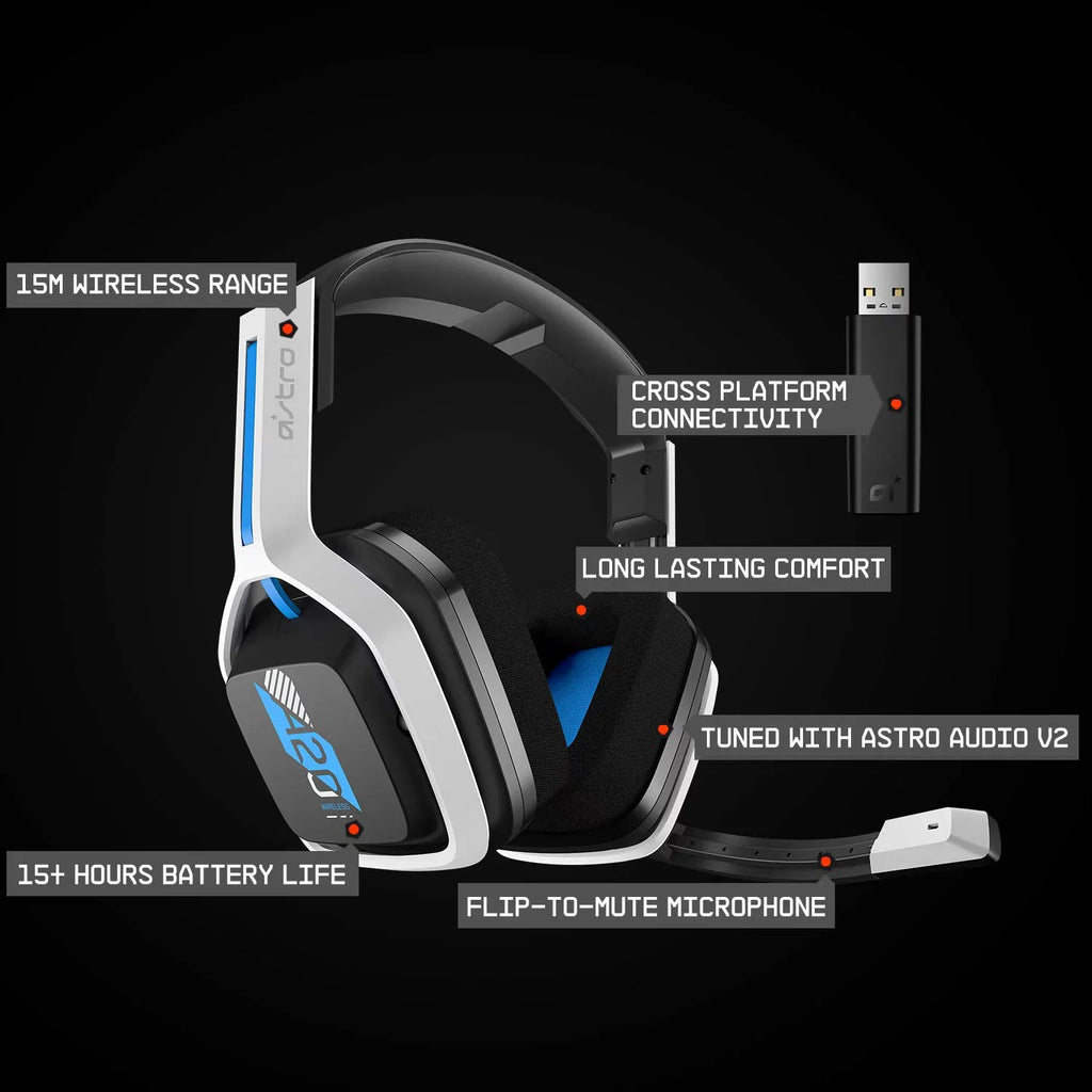 Pre-Owned ASTRO Gaming A20 Wireless Headset Gen 2 for PlayStation 5 and 4, PC & Mac White/Blue (Refurbished: Like New)