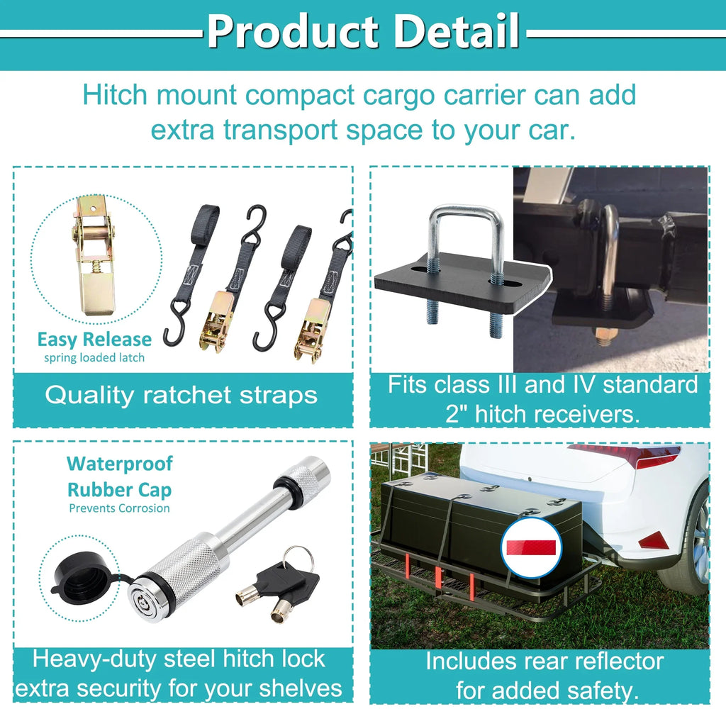 60" x 24" x 6" Hitched Mounted Folding Cargo Basket with a 500 lb Capacity for Car SUV Truck Trailer, Jet